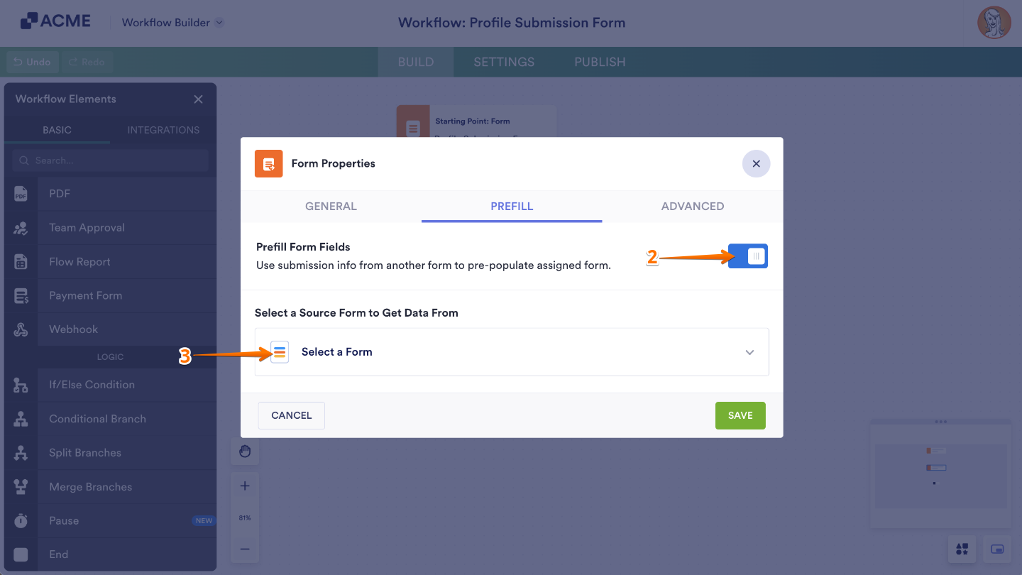 Enabling the Prefill From Fields option in Workflow Builder and selecting a source form for data mapping