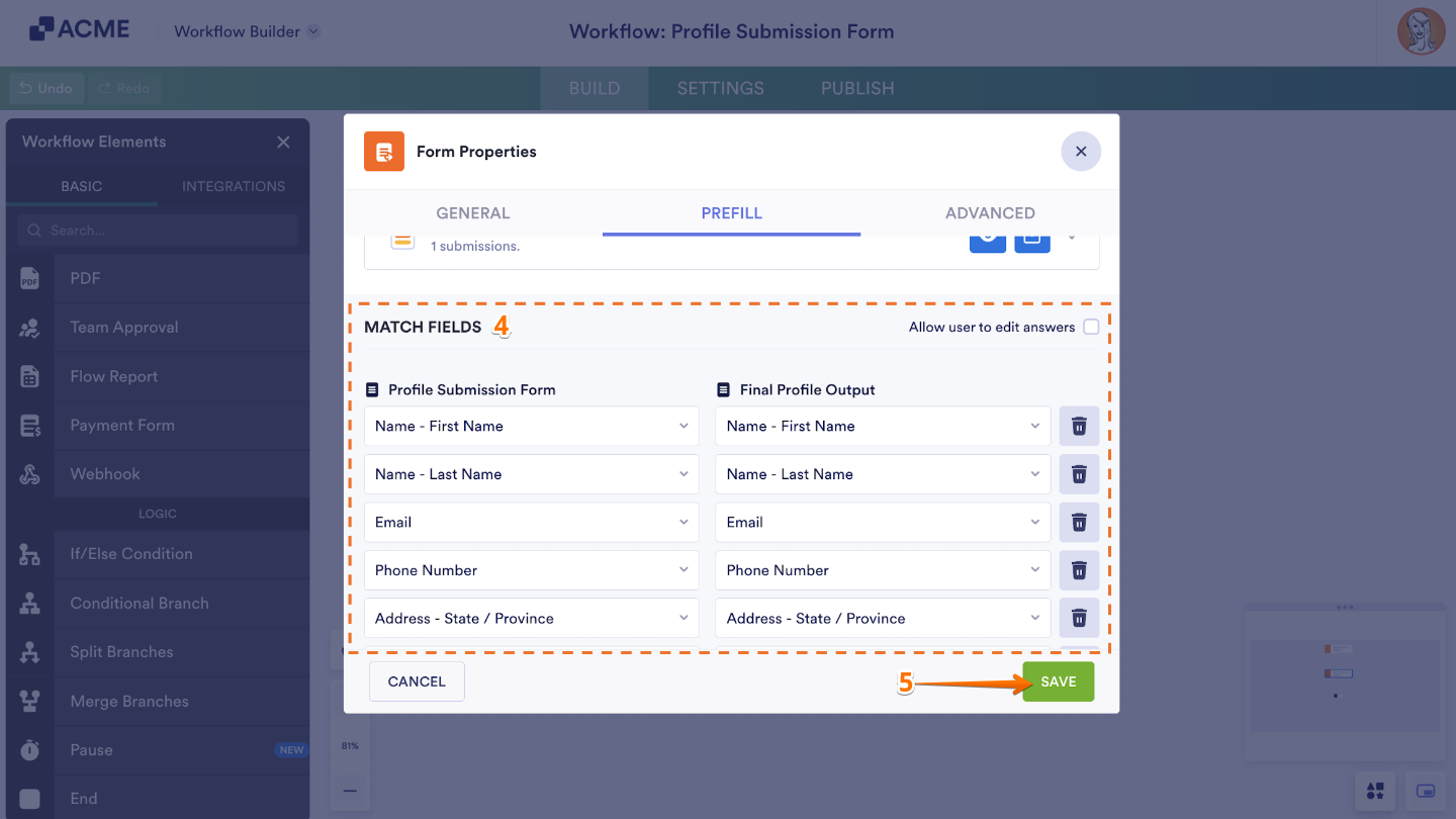 Mapping form fields in the Match Fields section of Workflow Builder with the option to allow users to edit answers