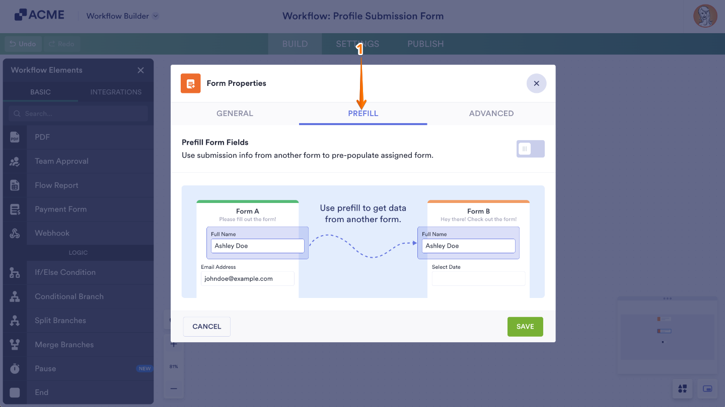 Form Settings dialog highlighting the Prefill tab for enabling form field prepopulation