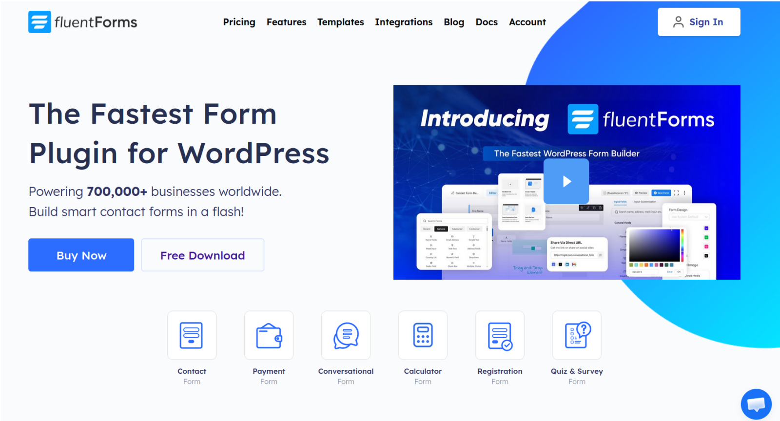 Screenshot of the Fluent Forms landing page, showing a headline "The Fastest Form Plugin for WordPress"