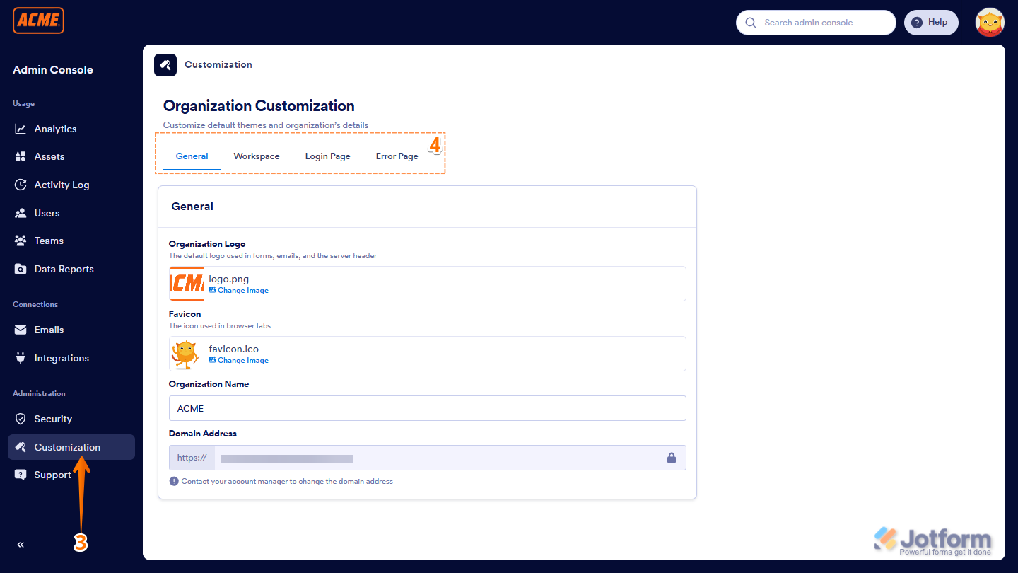 Jotform Admin Console General tab showing options to set Domain Address, Organization Logo, Favicon, and Organization Name