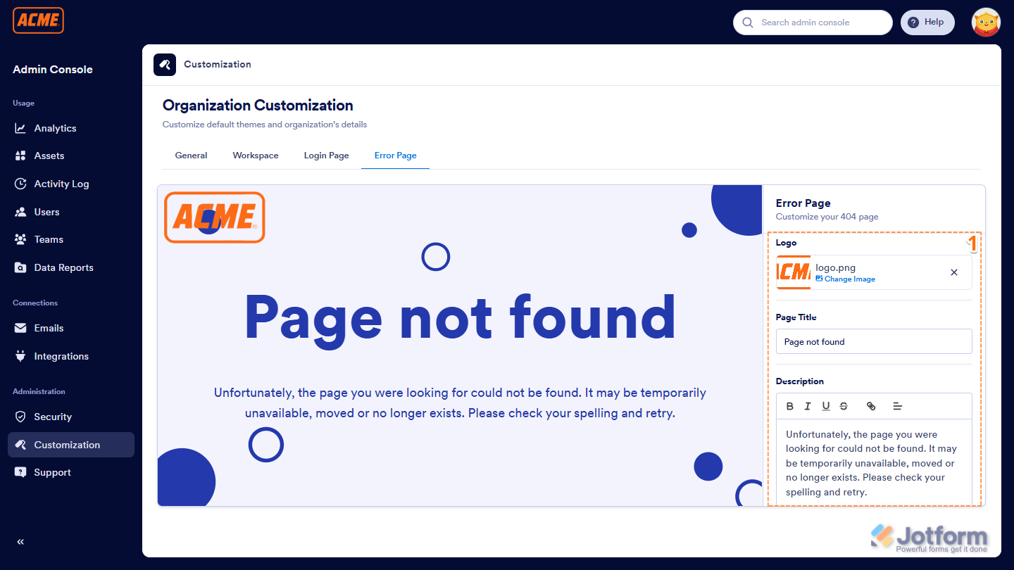 Customize Jotform Enterprise error page with logo, title, and description in Jotform