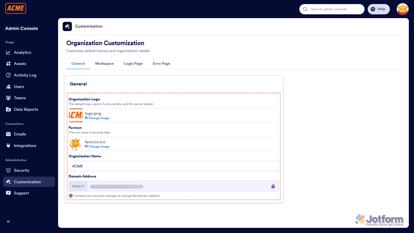 Jotform Admin Console General tab showing options to set Domain Address, Organization Logo, Favicon, and Organization Name