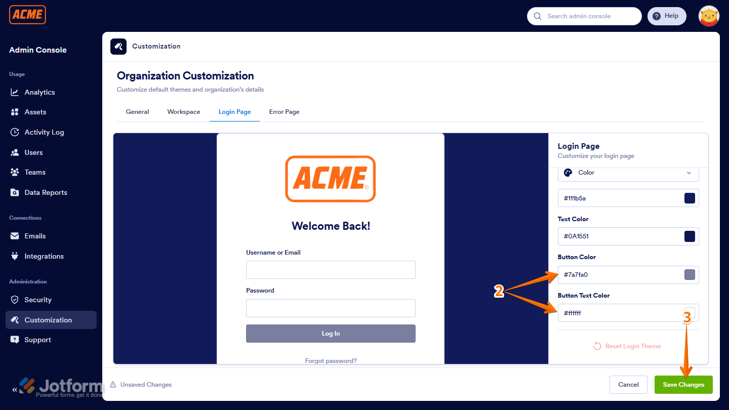 Customize login button color and text color in Jotform Enterprise login page in Jotform