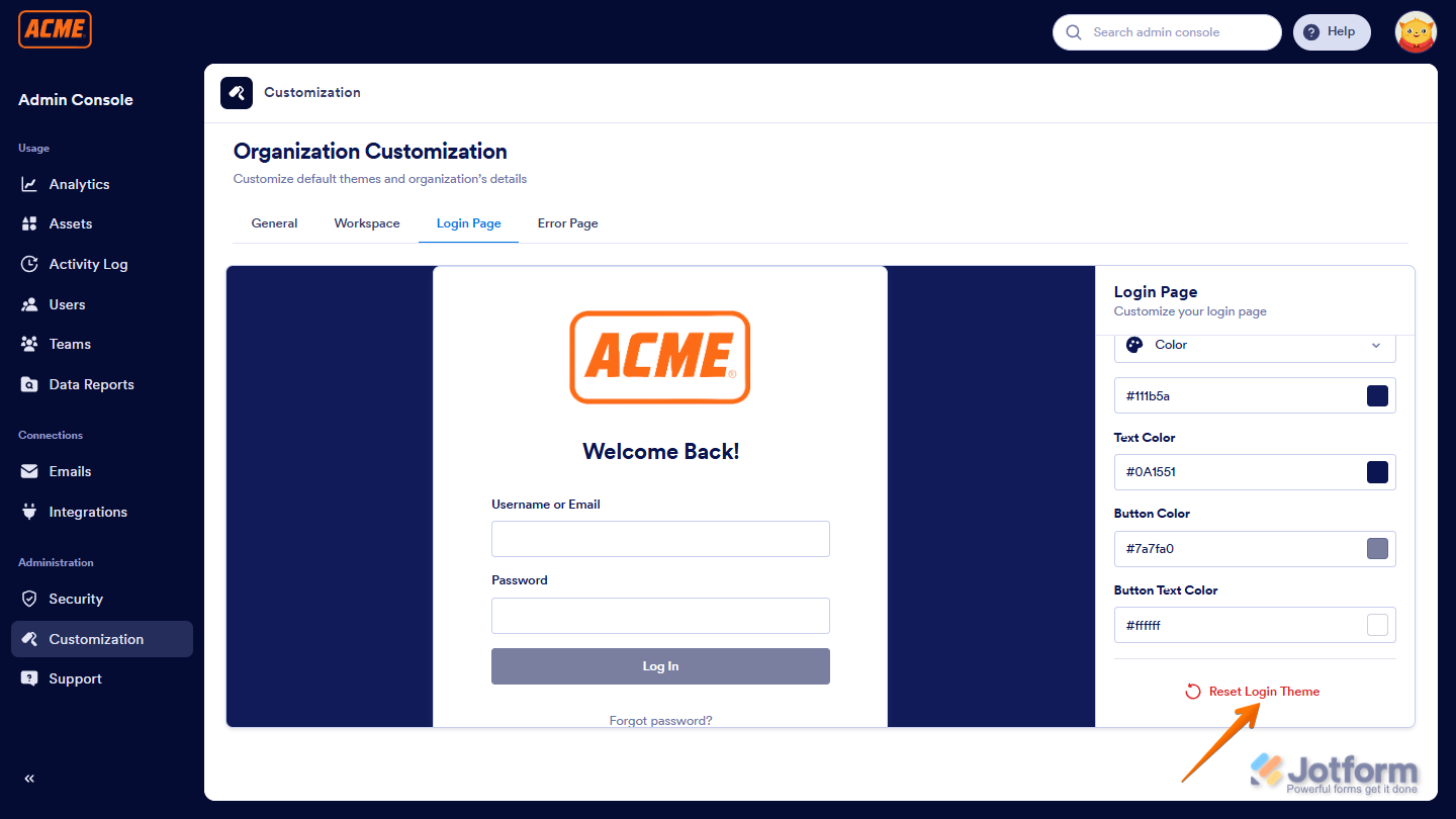 Reset Jotform Enterprise login page to default theme in Jotform