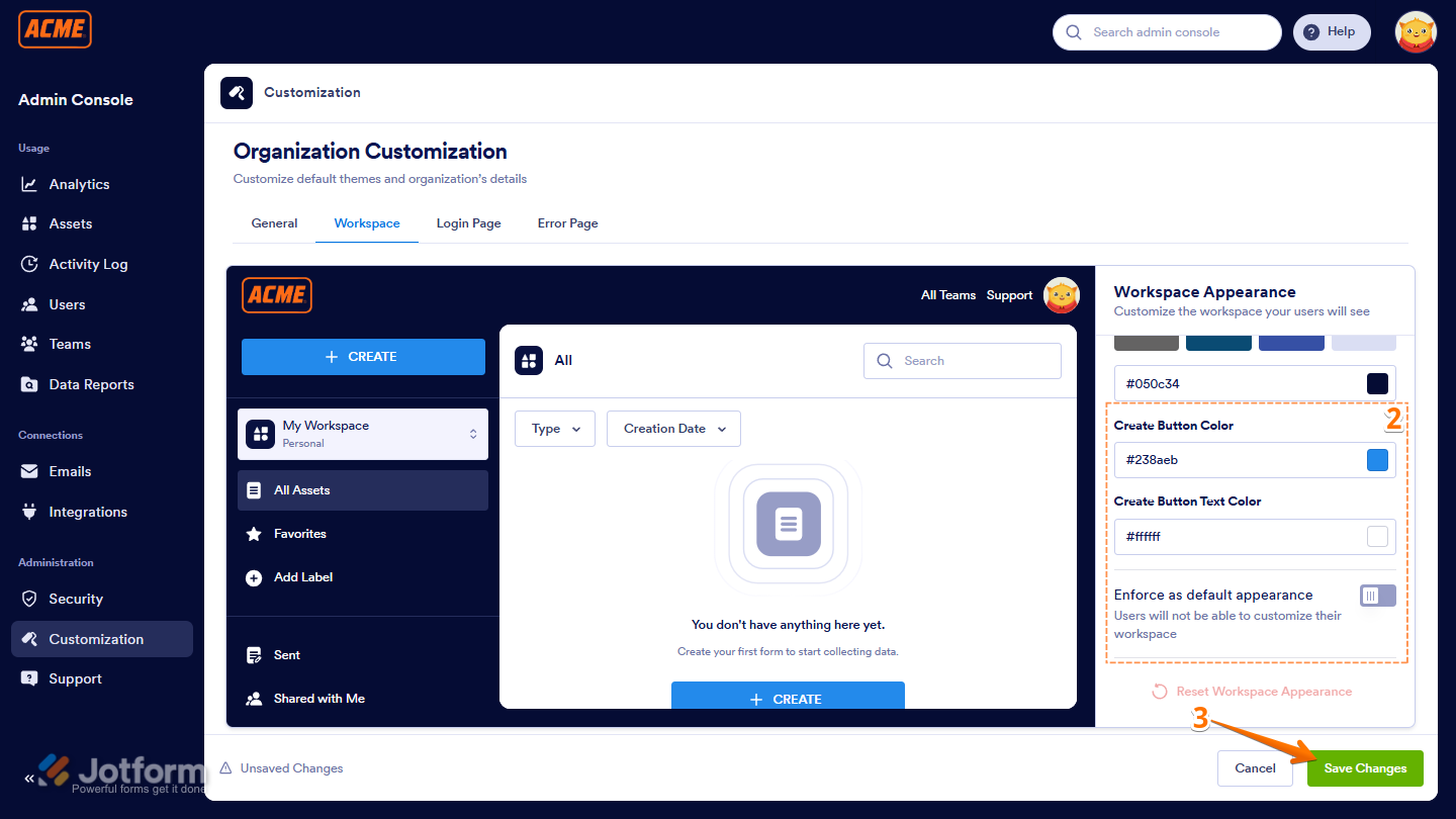 Jotform Admin Console Workspace tab showing Create button color, Create button text color, and Enforce as Default Appearance options, with Save Changes button at the bottom