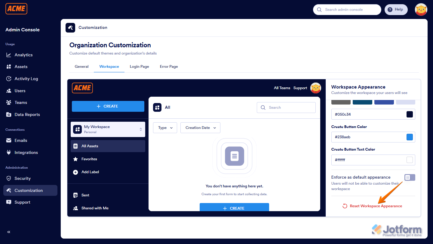Jotform Admin Console Workspace tab showing the Reset Workspace Appearance button to restore default layout and design