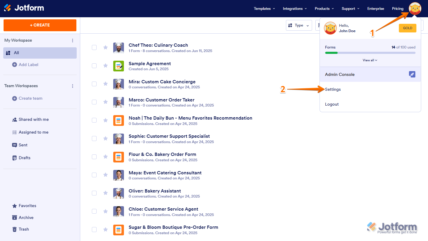 Click the Avatar/Profile icon on the Workspace page to open Settings in Jotform