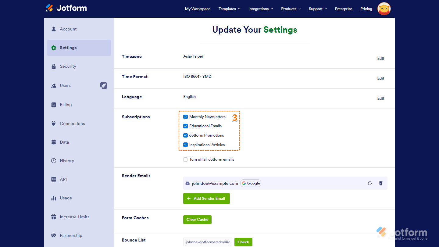 Manage your email subscriptions in Jotform by checking or unchecking options for Monthly Newsletters, Educational Emails, Promotions, or Inspirational Articles