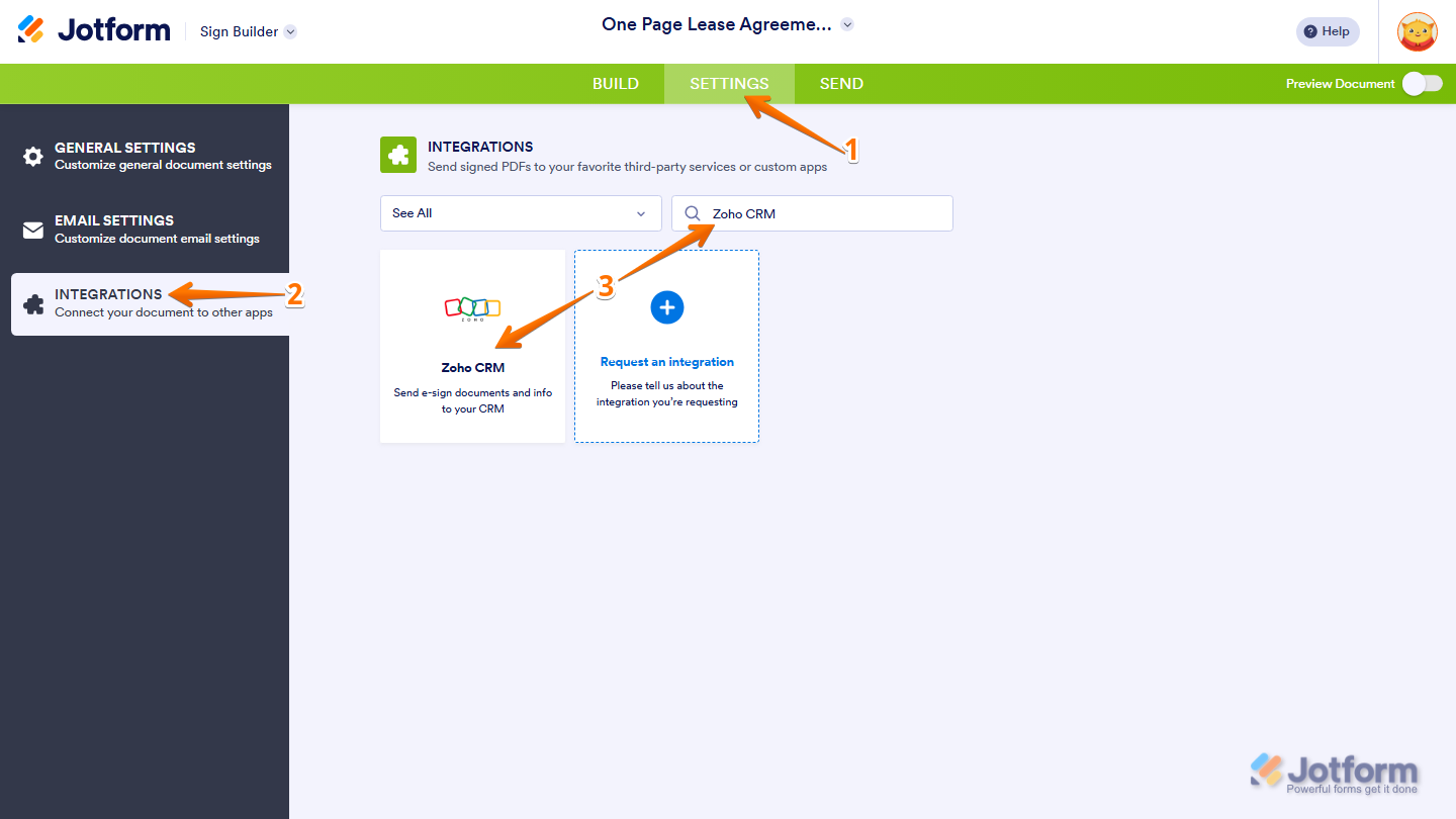 Sign Builder Settings page showing Zoho CRM integration search and selection in Jotform