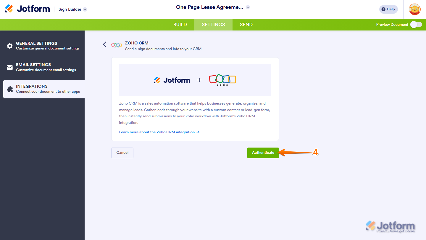 Zoho CRM integration page showing Authenticate button and login prompt in Jotform