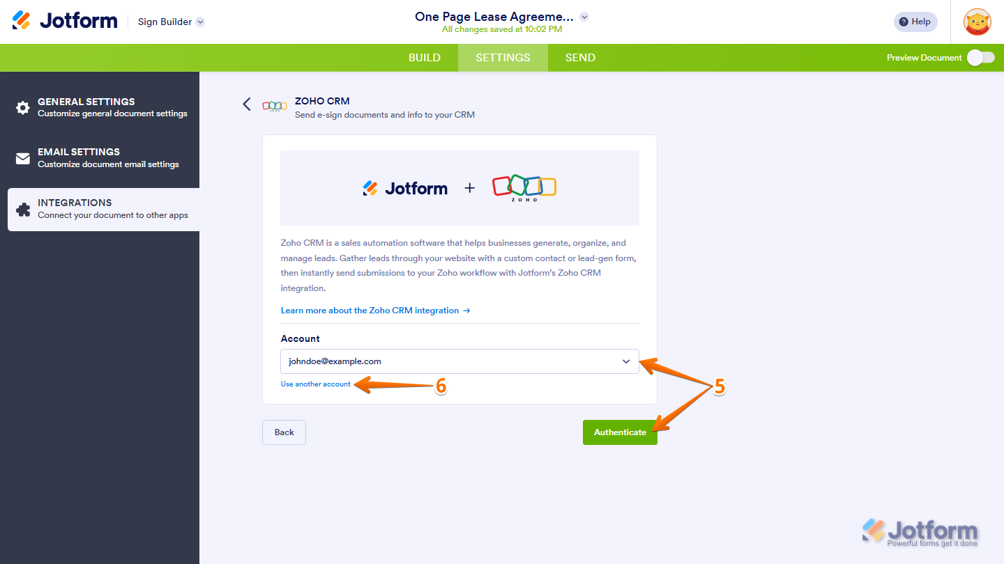 Zoho CRM integration showing account dropdown and Use Another Account option in Jotform
