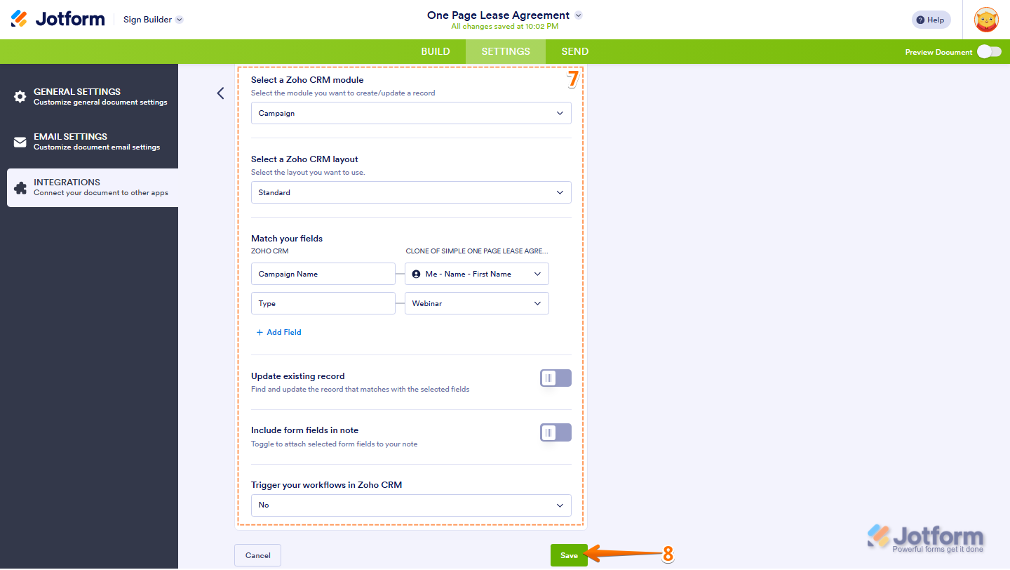 Zoho CRM integration settings showing module layout field mapping and Save button in Jotform