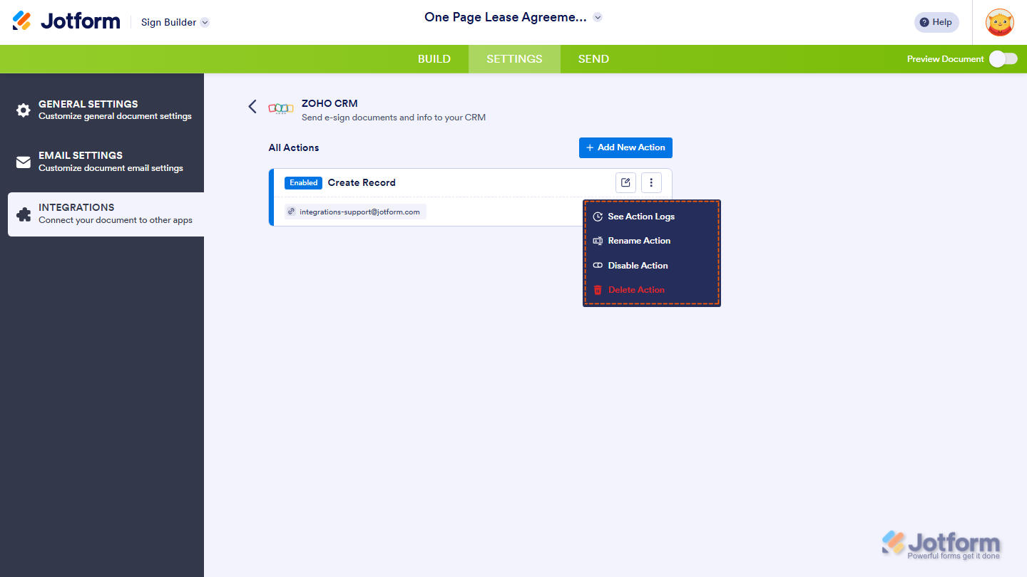 Integration actions page showing Pencil icon Three Dots menu and action options in Jotform