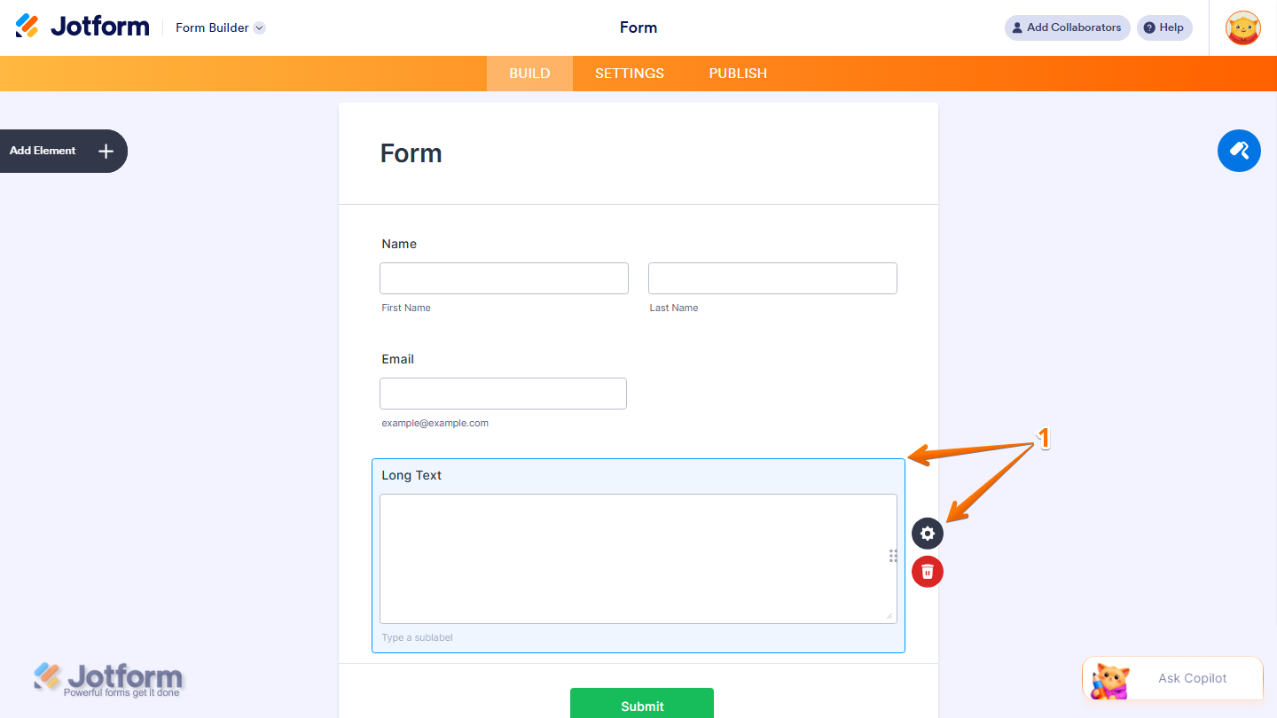 Form Builder showing selected Long Text field with Gear icon in Jotform