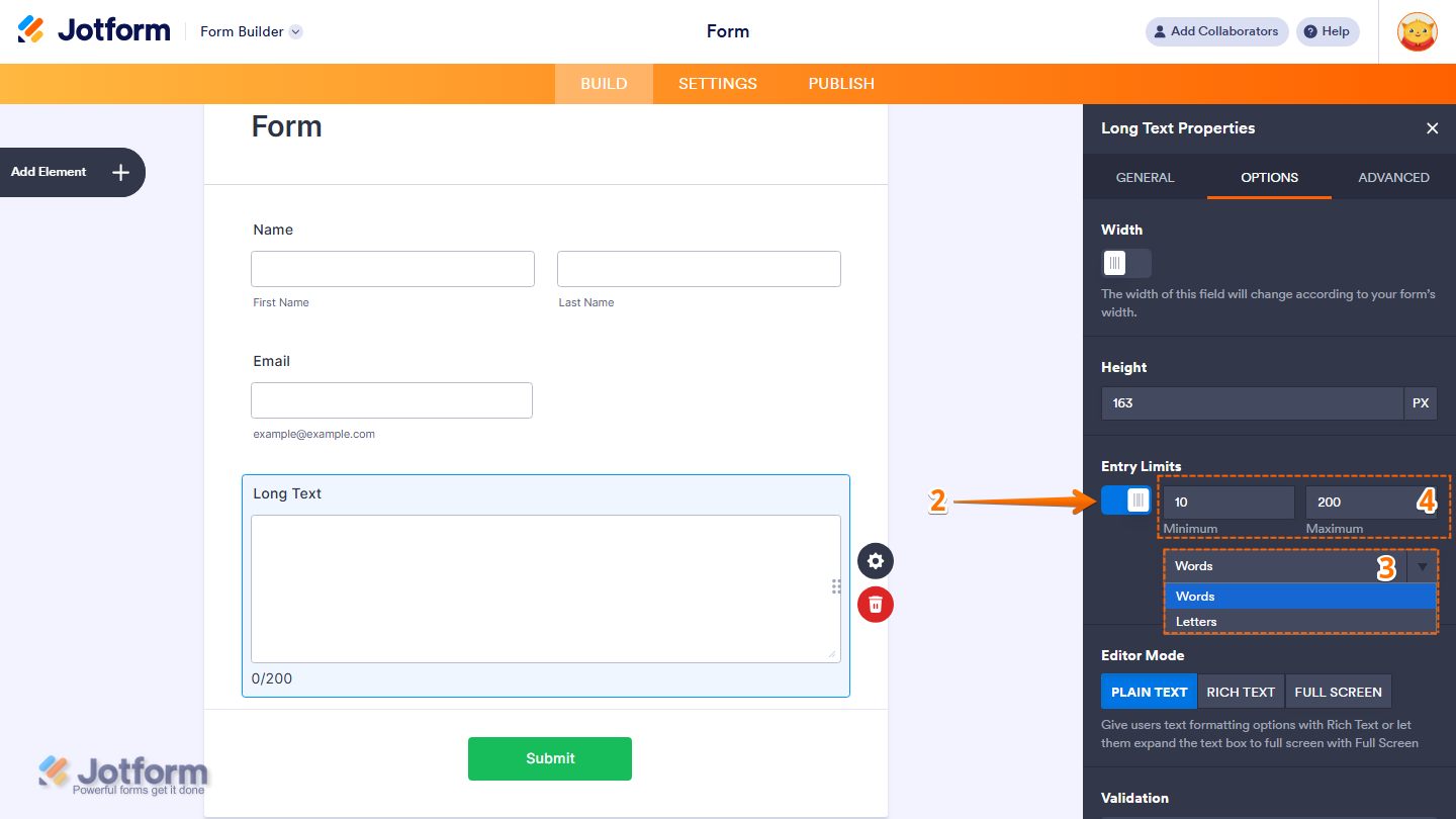Long Text Properties Options tab showing Entry Limits type minimum and maximum settings in Jotform