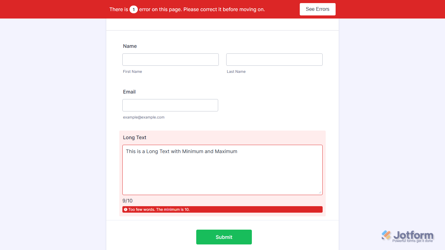 Live form showing Long Text validation warning message and live word or character counter in Jotform