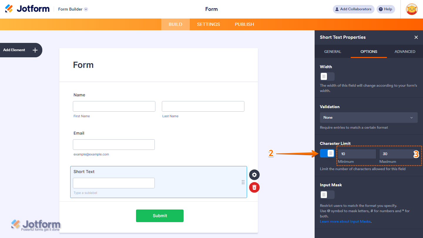 Short Text Properties Options tab showing Character Limit minimum and maximum input settings in Jotform