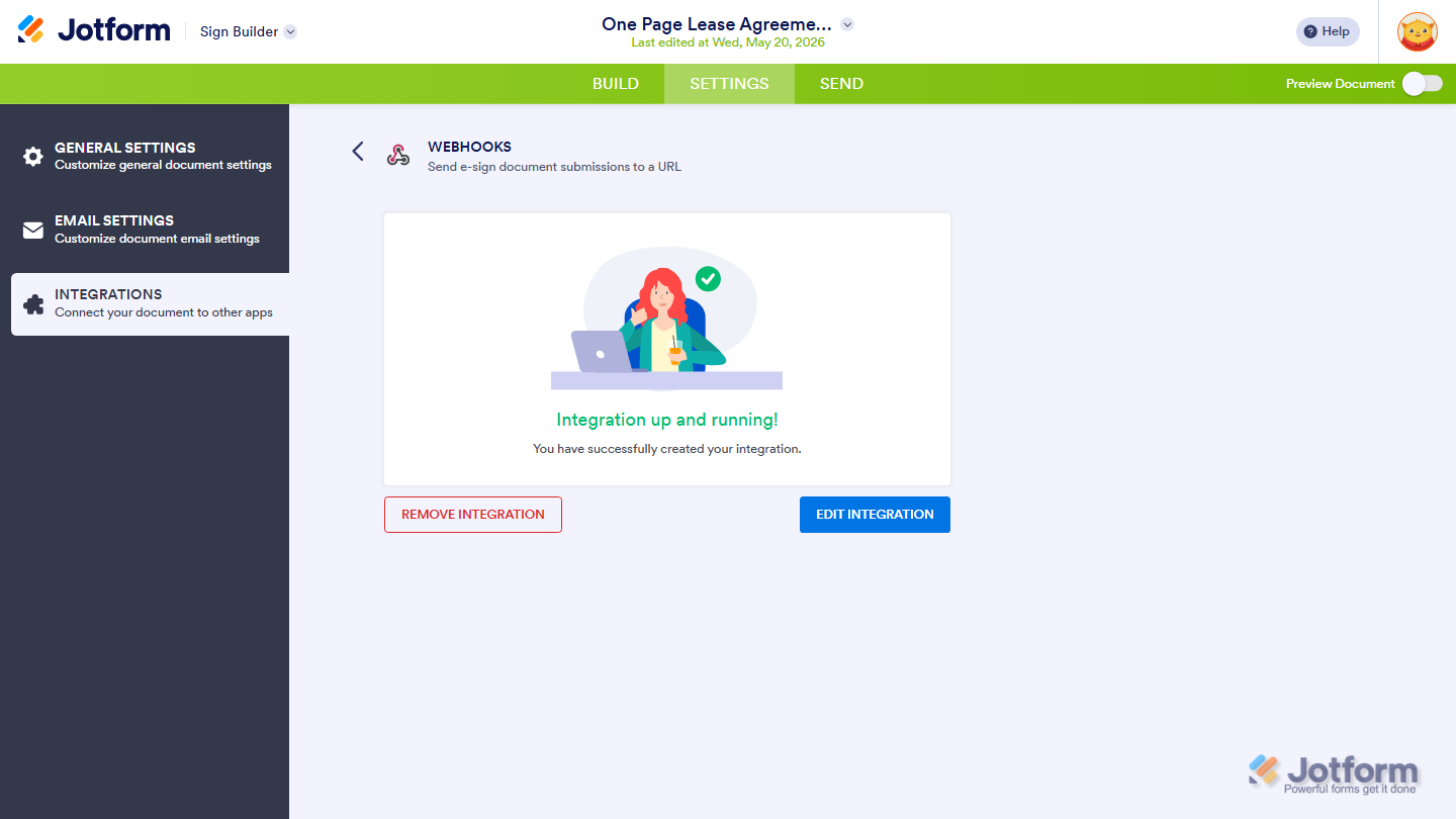 Webhook integration successfully configured in Jotform Sign Integrations page