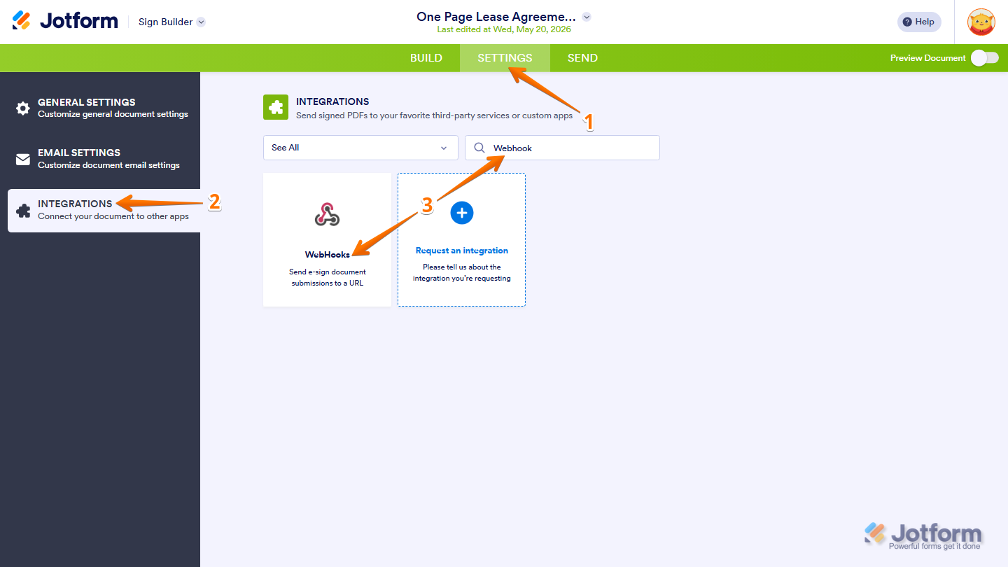 Sign Builder Settings Integrations tab showing Webhook search and selection in Jotform