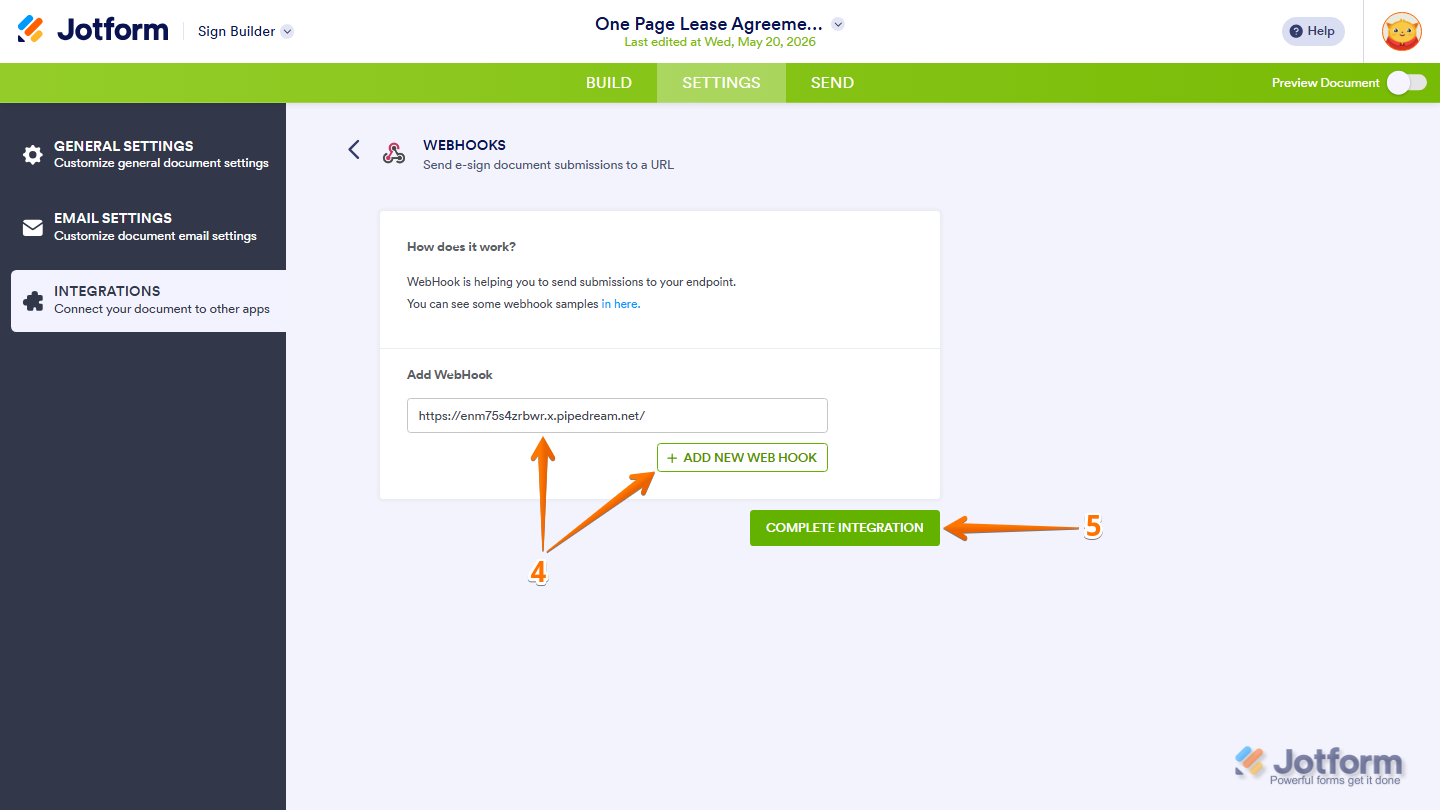 Webhook integration settings showing Add WebHook field Add New Webhook option and Complete Integration button in Jotform