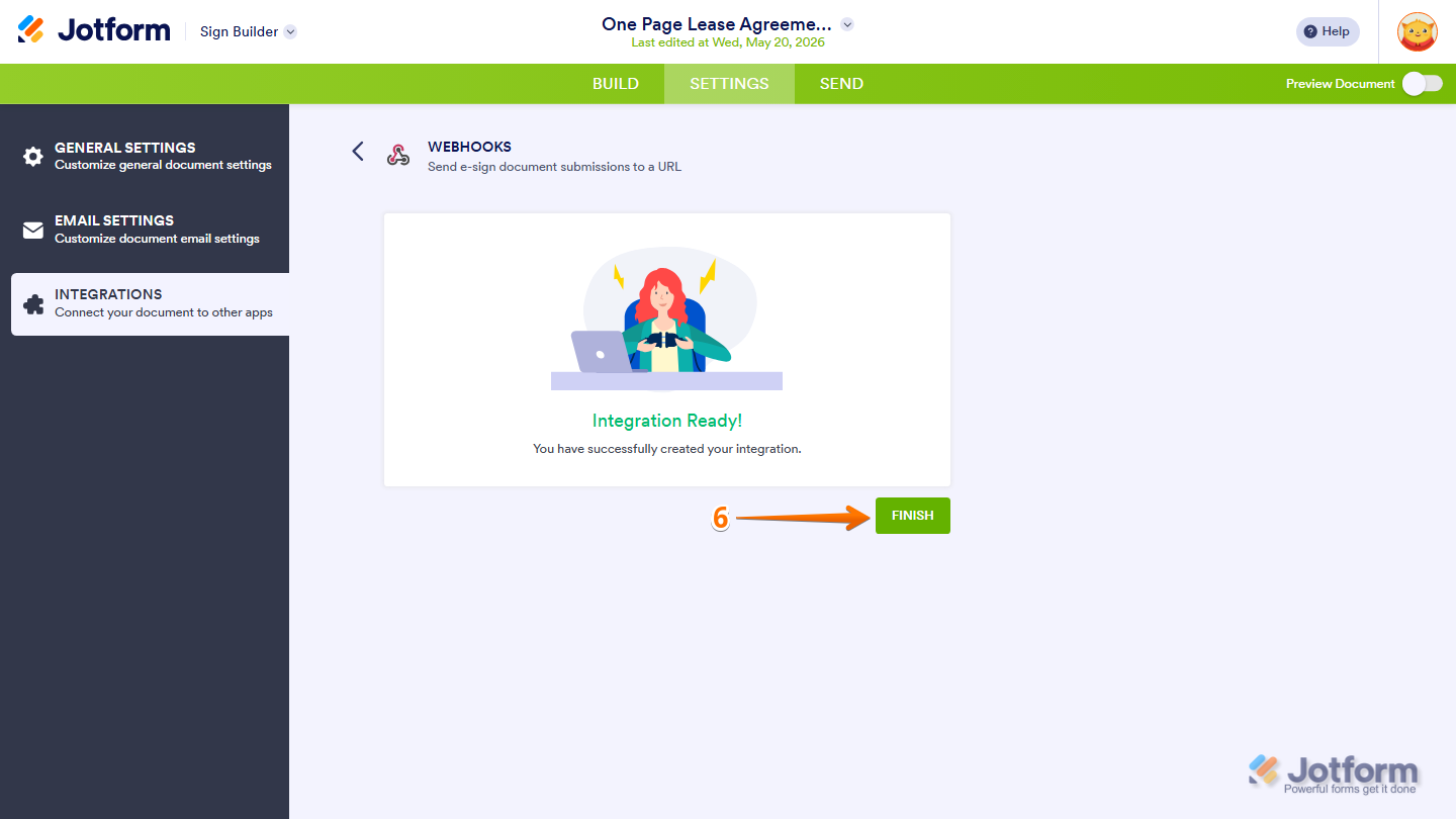 Webhook integration setup showing Finish button in Jotform