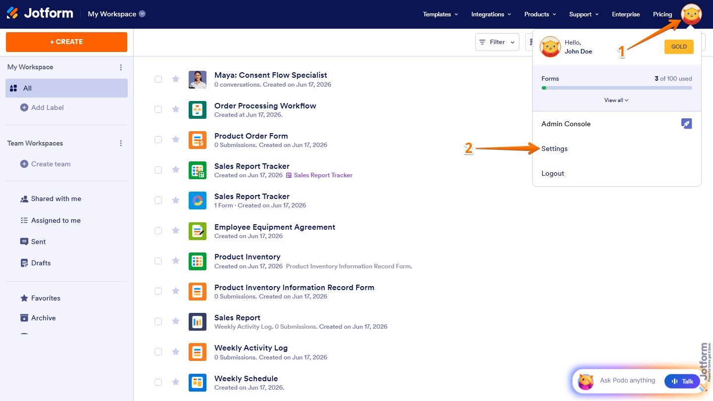 Jotform Workspace showing the Avatar/Profile menu open in the top-right corner with the Settings option visible and ready to be selected