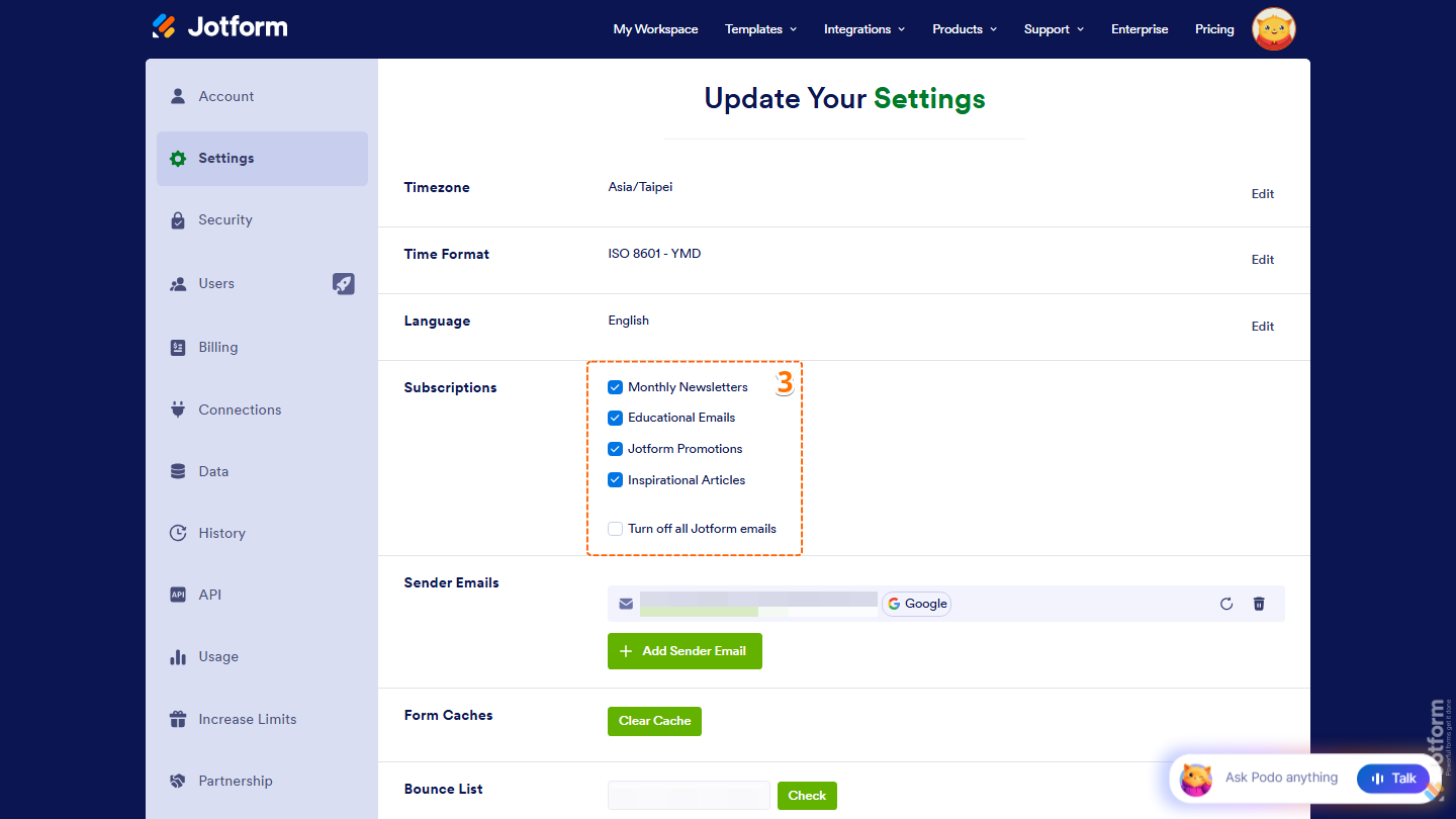 Jotform Settings page showing the Subscriptions section with newsletter preference checkboxes for Monthly Newsletters, Educational Emails, Jotform Promotions, Inspirational Articles, and Turn Off All Jotform Emails