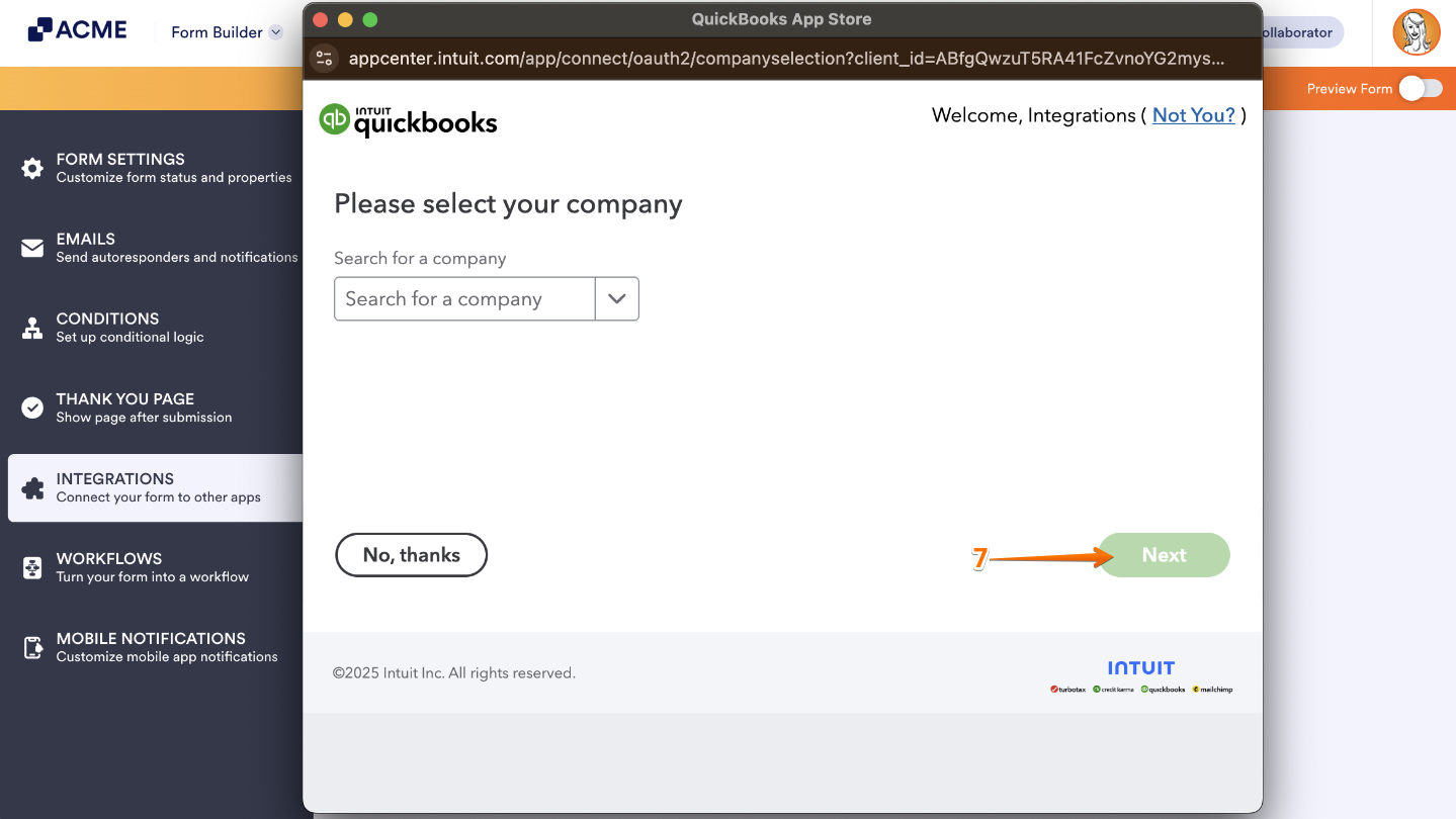 QuickBooks integration setup showing company selection list before connecting to Jotform
