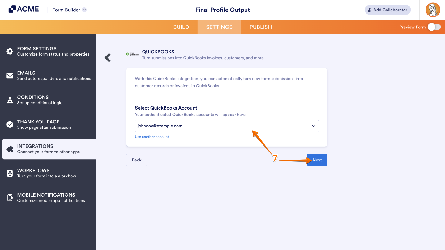 QuickBooks integration window showing account selection dropdown with 'Use Another Account' link