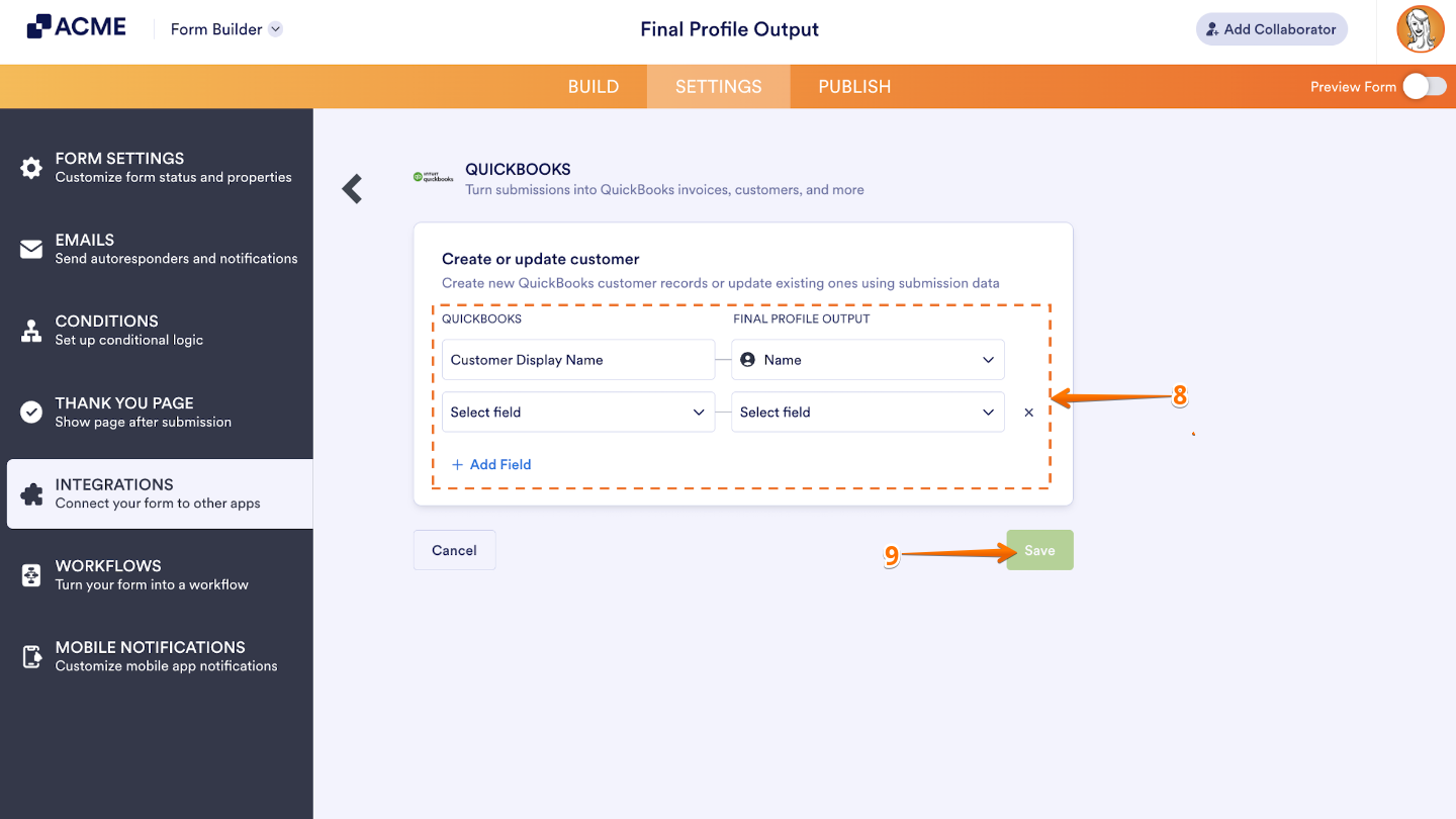 QuickBooks integration setup showing how to map Jotform fields to QuickBooks customer fields before saving
