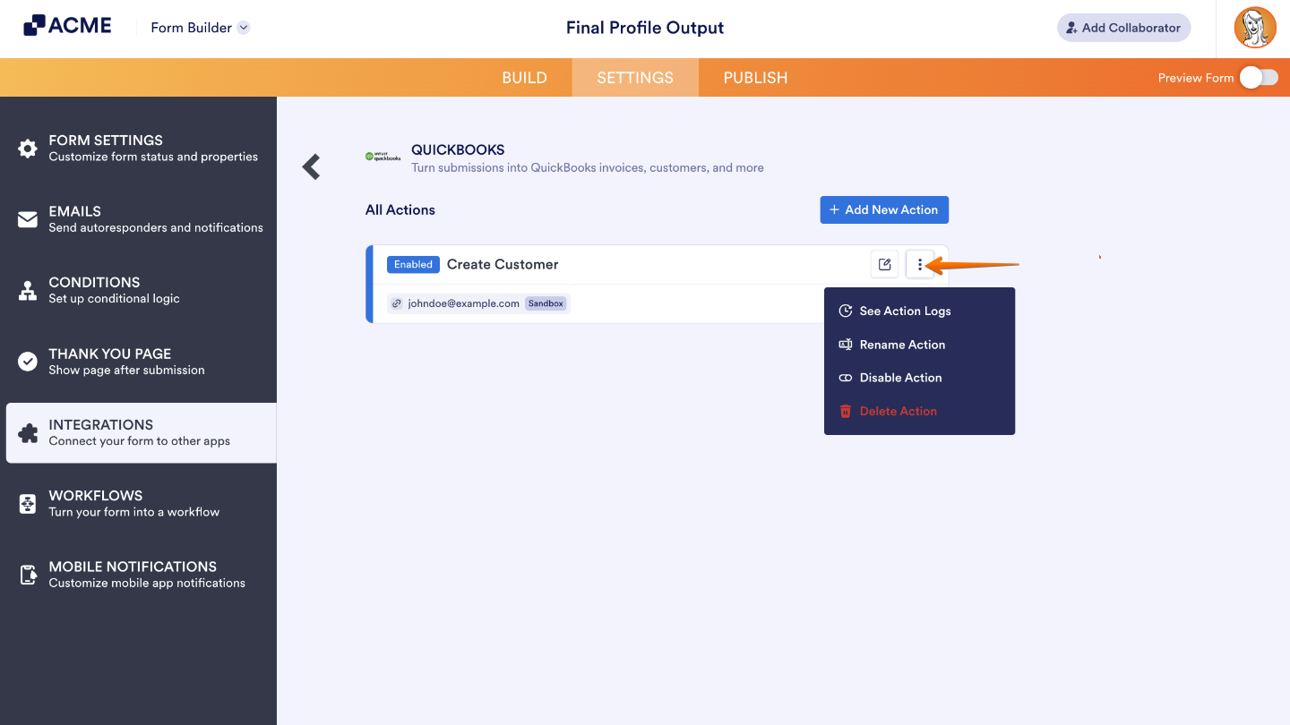 QuickBooks integration dashboard  showing saved actions with the option to add, edit, duplicate, or remove actions