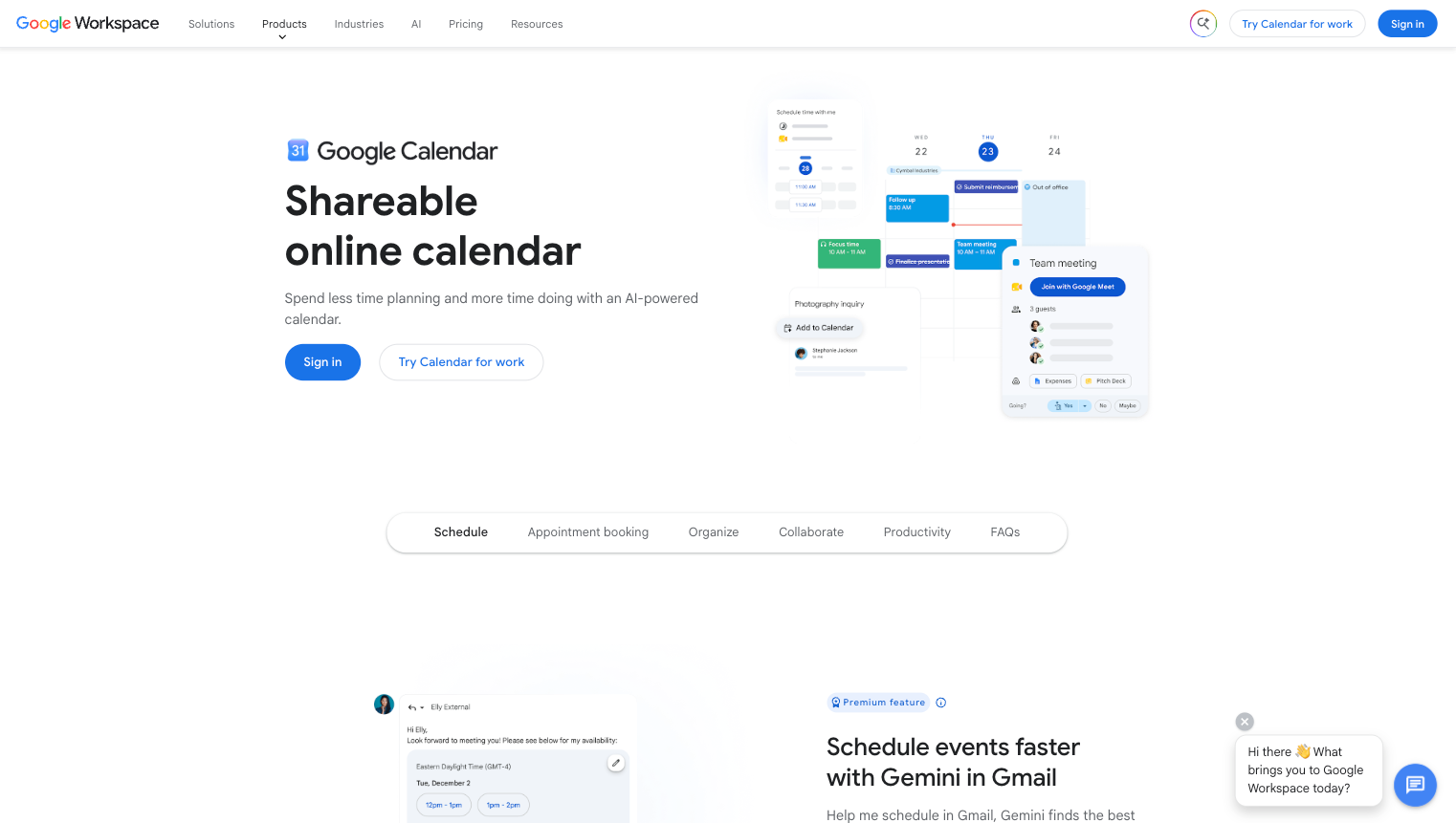 Google Calendar website with the words: "Shareable online calendar"