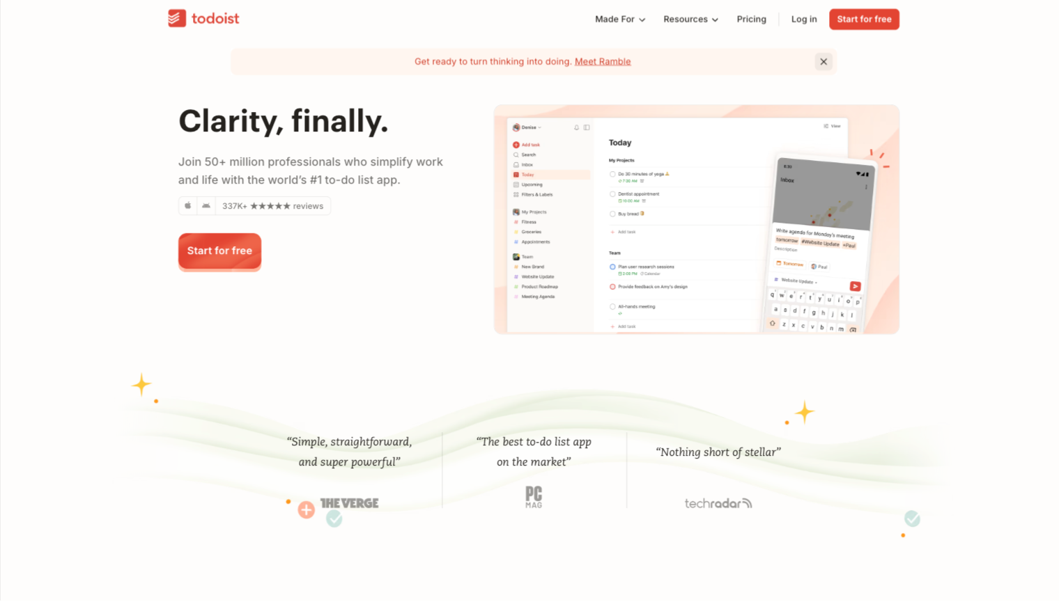 Todoist website with the words: "Join 50+ million professionals who simplify work and life with the world's #1 to-do list app"