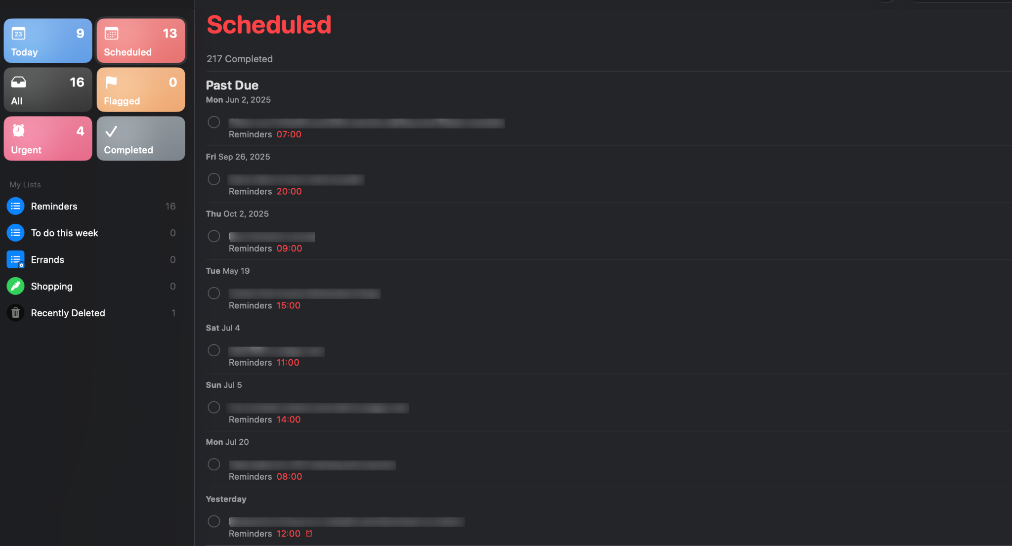 Apple Reminders interface showing reminders segmented by "Today," "Scheduled," "All," "Flagged," "Urgent," and "Completed"