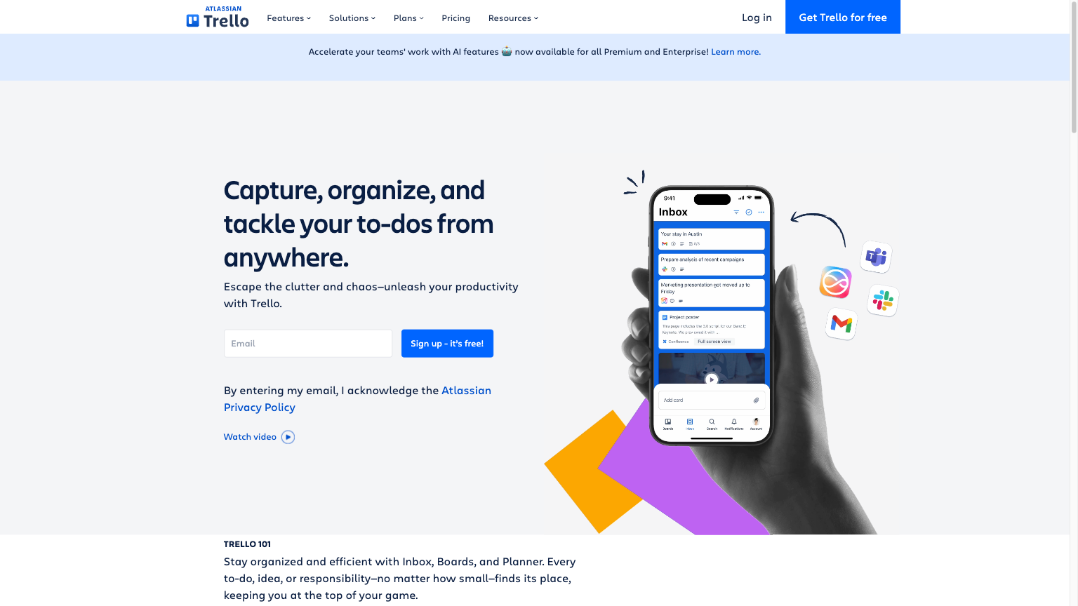 Trello website with the words: "Capture, organize, and tackle your to-dos from anywhere"