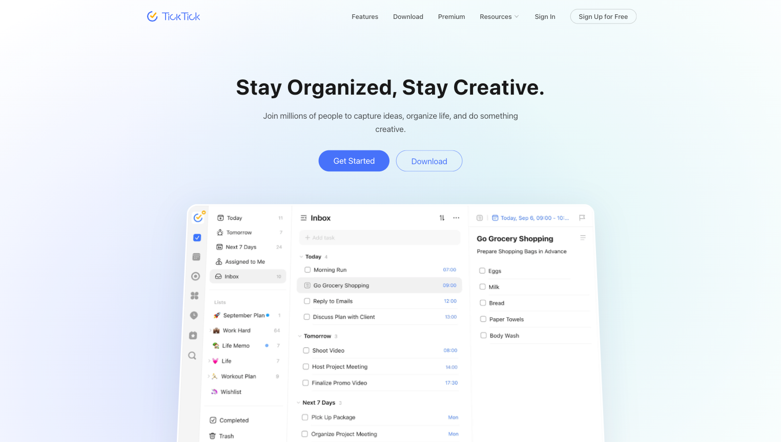 TickTick website with the words: "Stay Organized, Stay Creative"