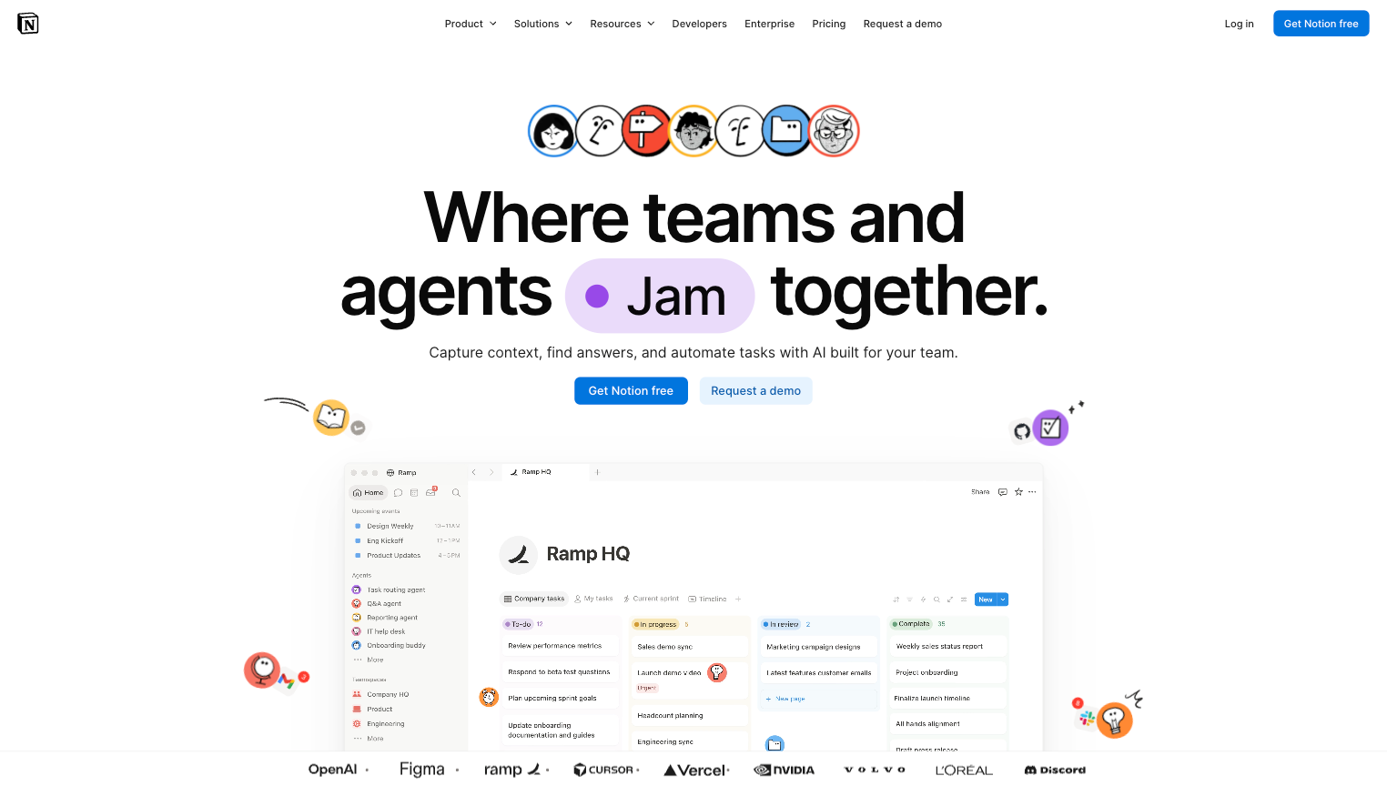 Notion website with the words: "Where teams and agents Jam together"