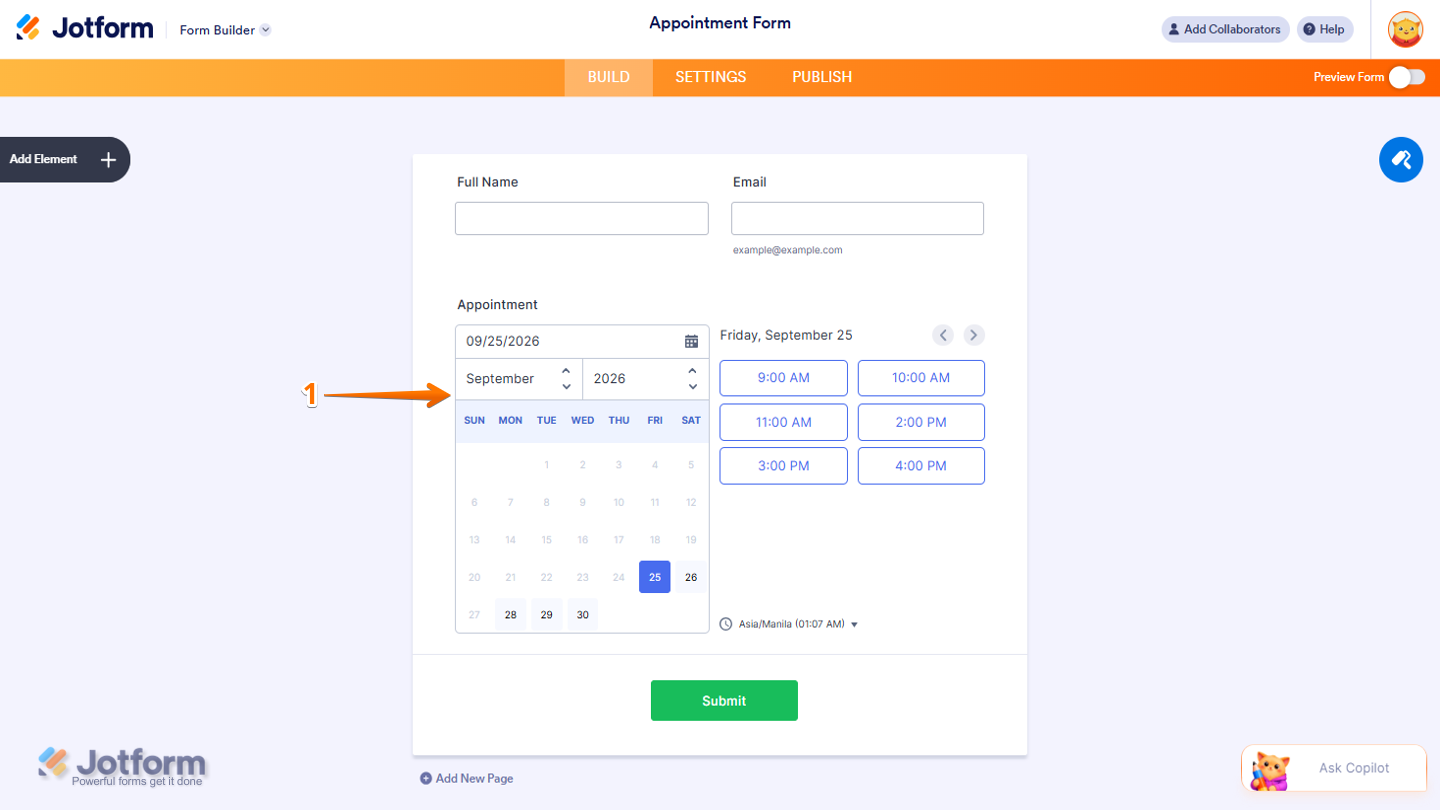 Form Builder showing the Appointment field selected on the form