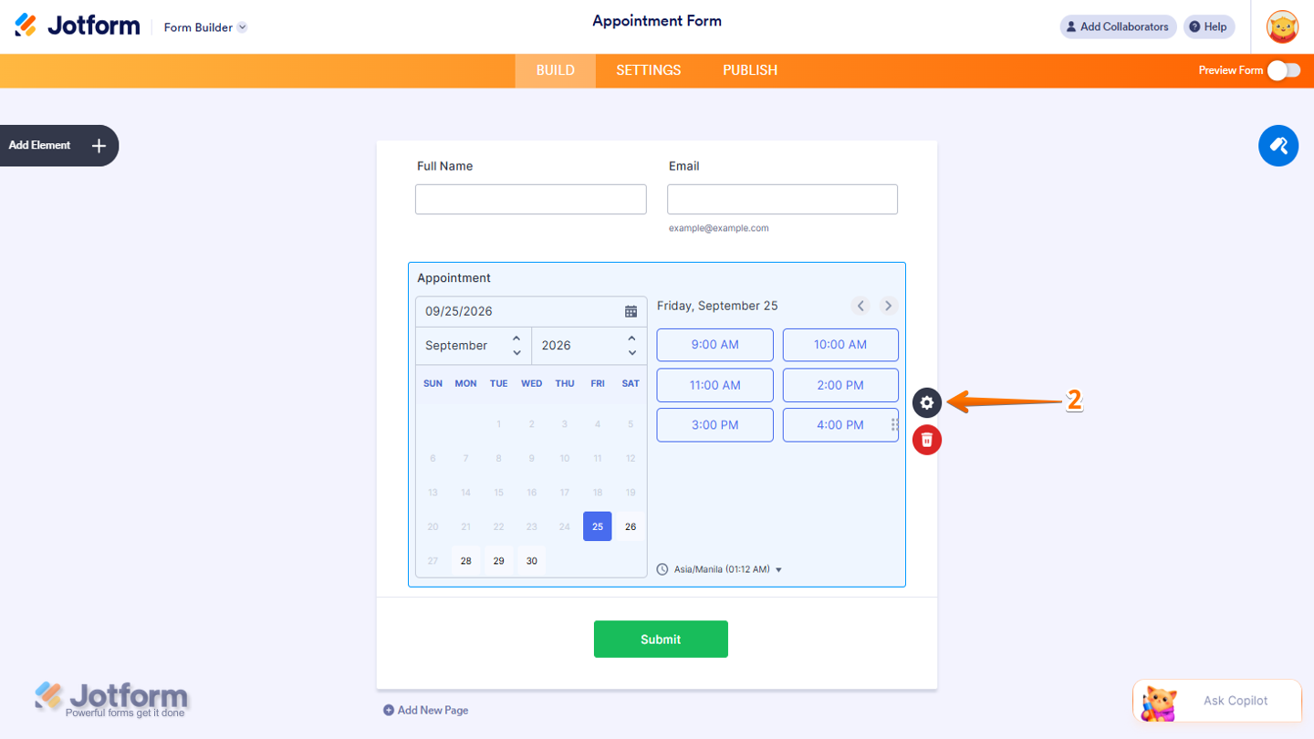 Form Builder showing the Appointment field with the Gear icon on the right side, ready to open its settings