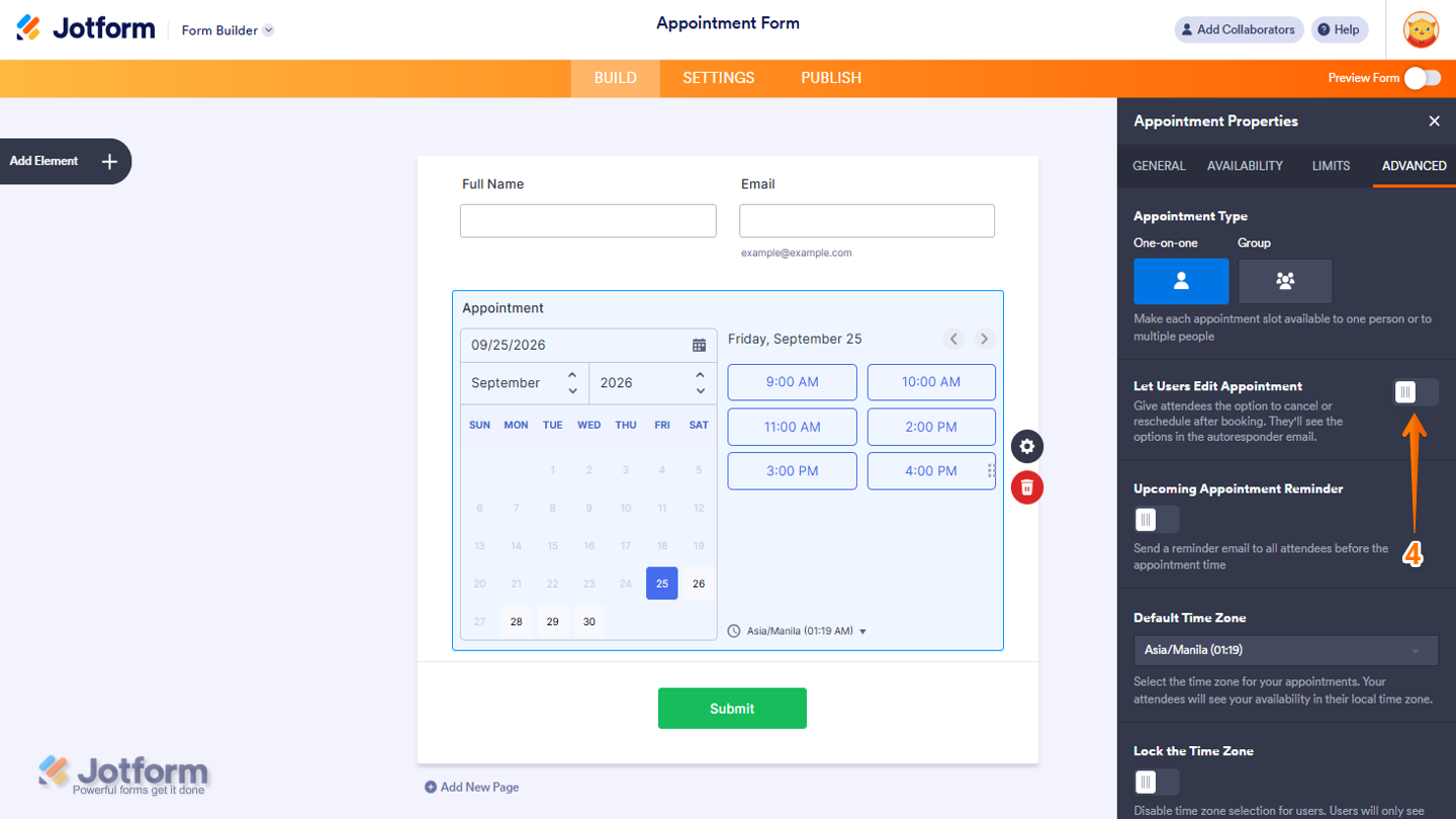 Appointment Properties menu showing the Let Users Edit Appointment option enabled in the Advanced tab