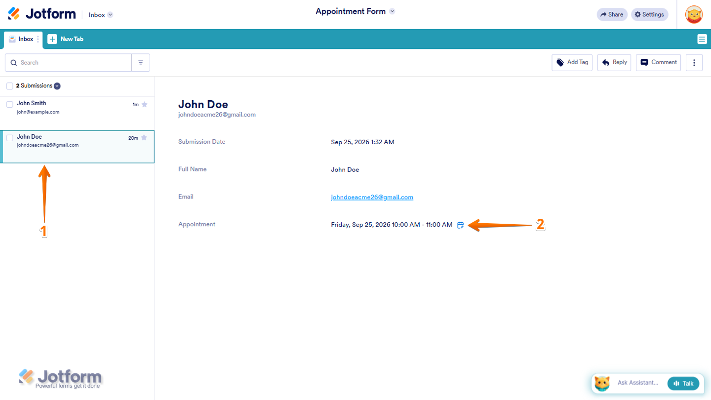Jotform Inbox showing a selected submission with the Appointment field and Calendar icon for rescheduling or canceling the appointment