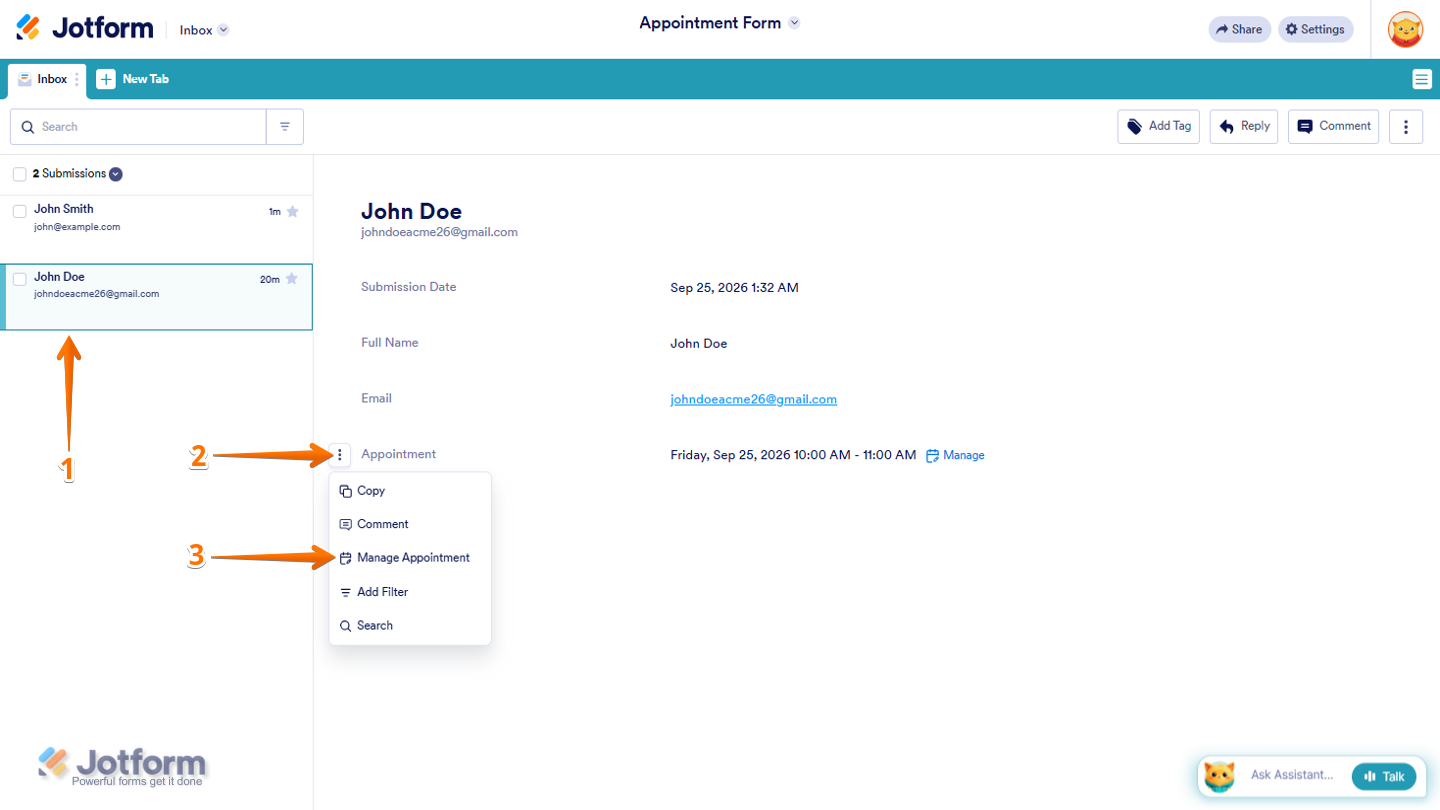 Jotform Inbox showing a selected submission with the Appointment field and its Three Dots icon opened to a dropdown menu with the Manage Appointment option