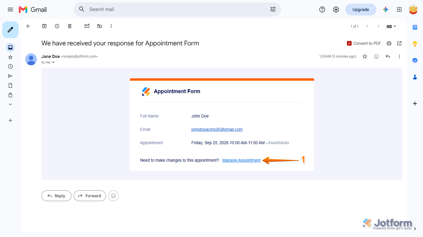 Autoresponder Email showing the Manage Appointment link for accessing appointment management options
