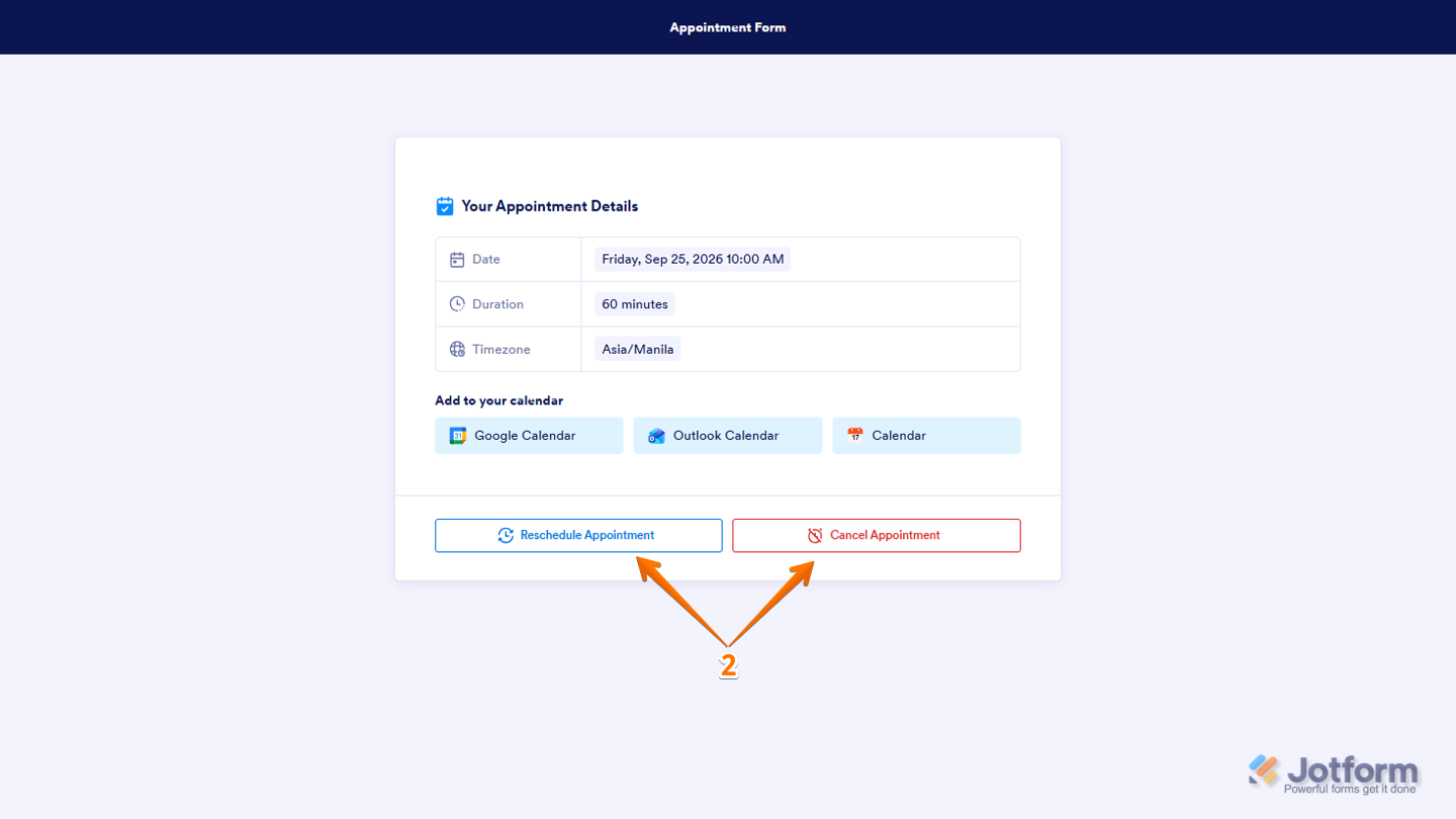 Appointment management page showing Reschedule Appointment and Cancel Appointment options for changing or canceling a booking