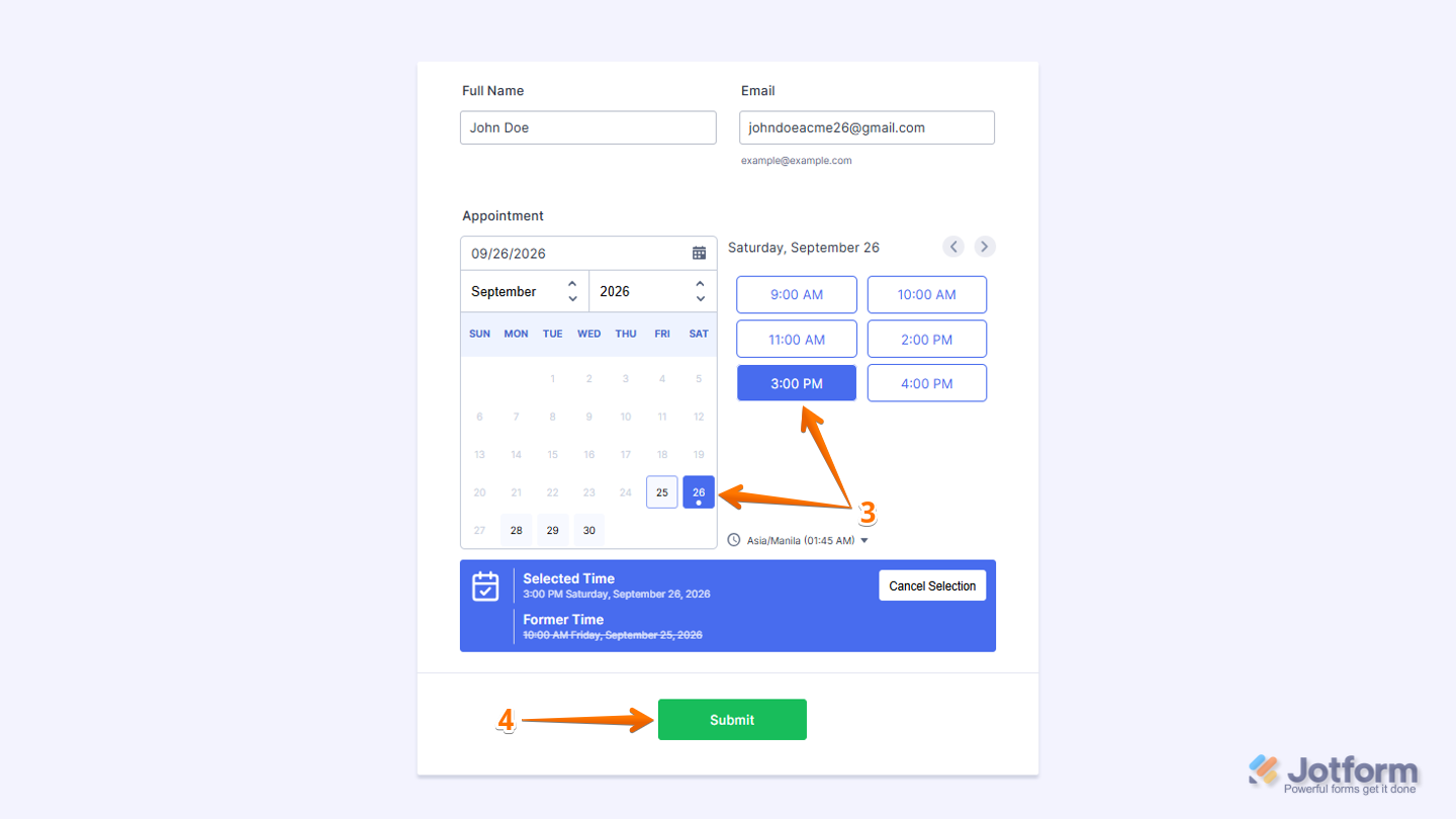 Appointment rescheduling form showing options to select a new date and time, with the Submit button at the bottom of the page
