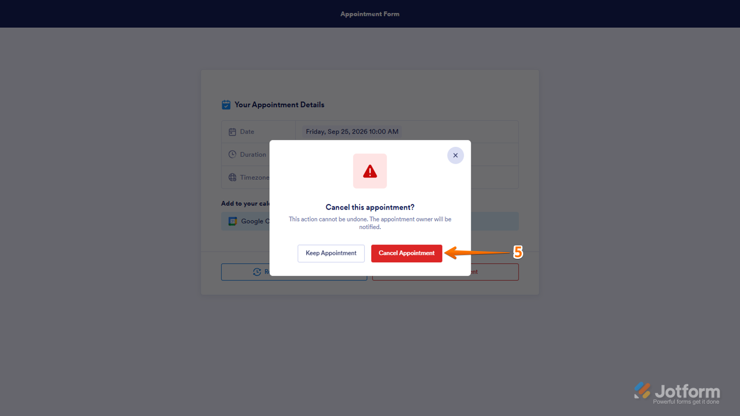 Confirmation window showing the Cancel Appointment button to confirm the cancellation of the booking