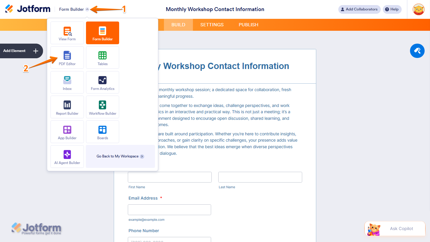 Form Builder top-left menu showing PDF Editor option in Jotform