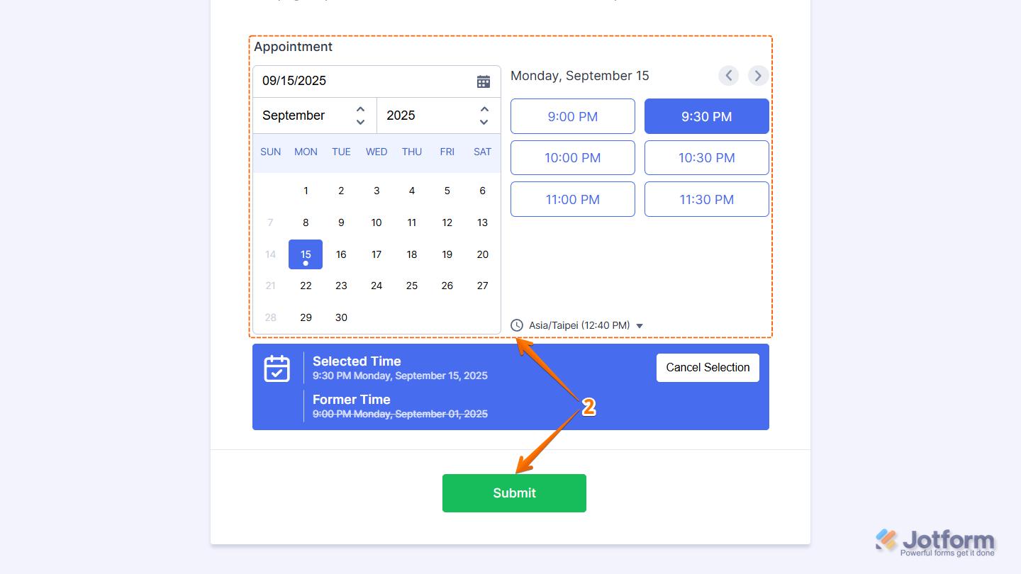 Rescheduling an appointment by selecting a new date or time and clicking Submit on the edit submission form in Jotform