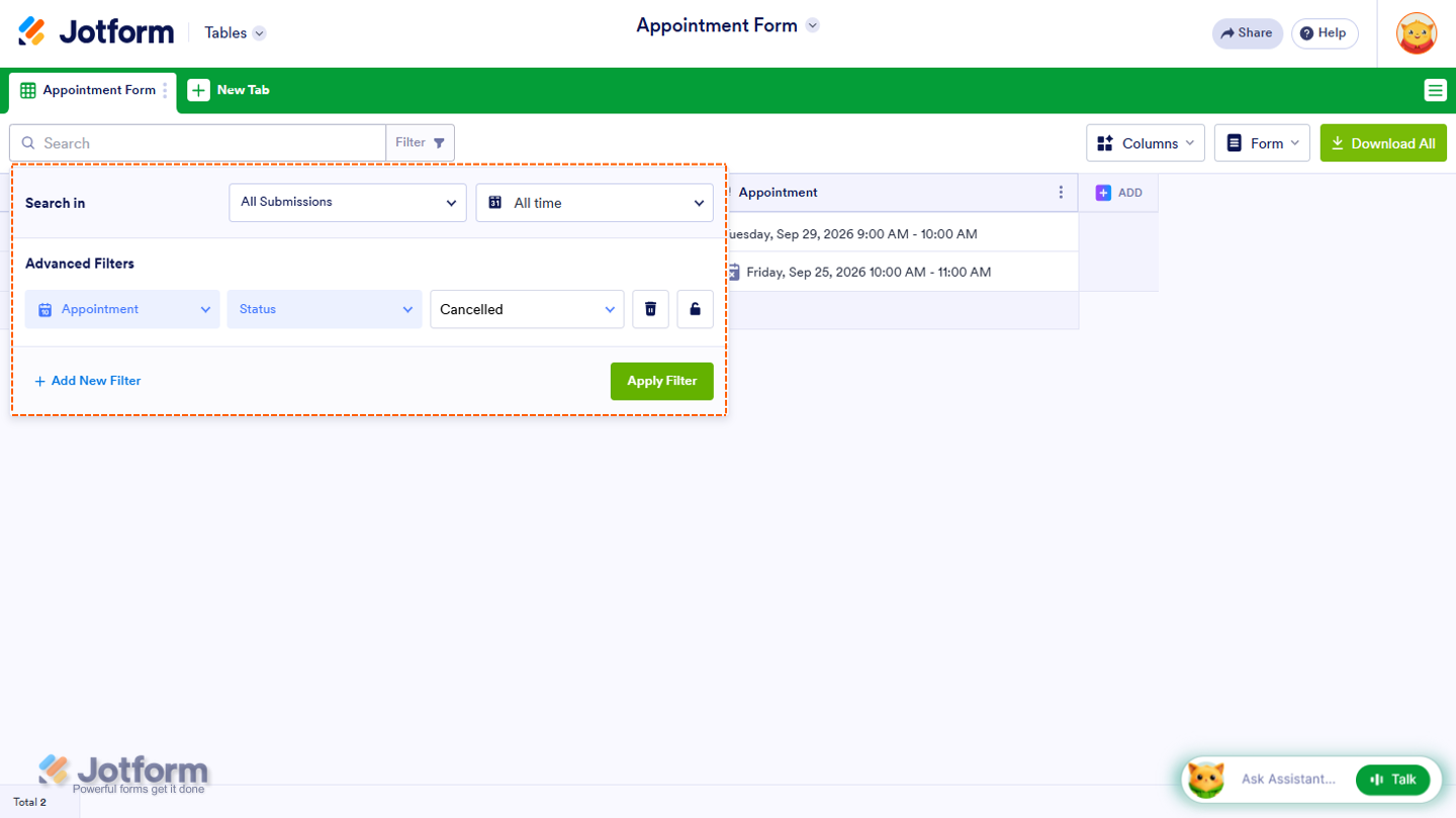 Jotform Tables showing the Filter feature used to view submissions with a cancelled appointment status